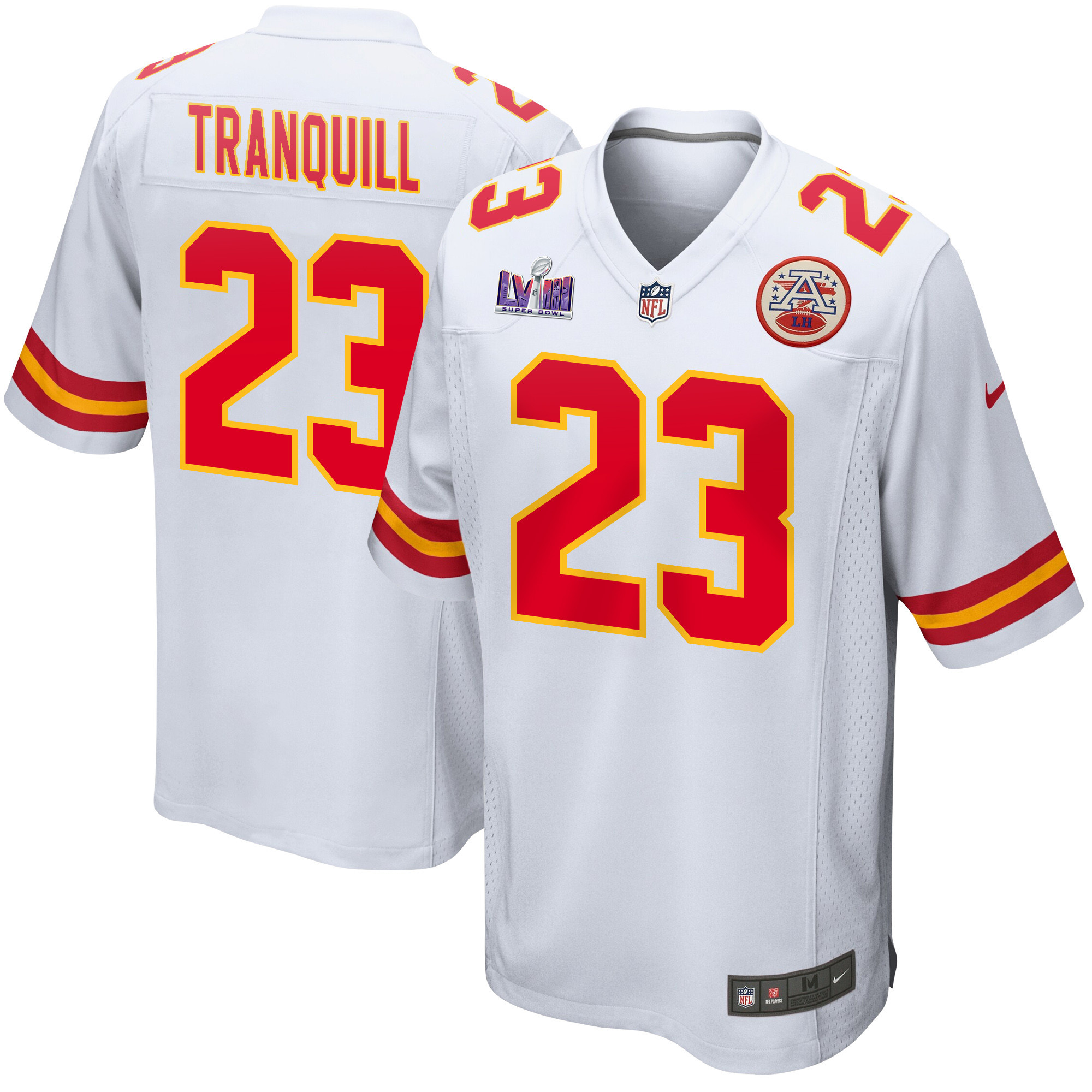 Drue Tranquill 23 Kansas City Chiefs Super Bowl LVIII Patch Game White NFL Jersey Men's