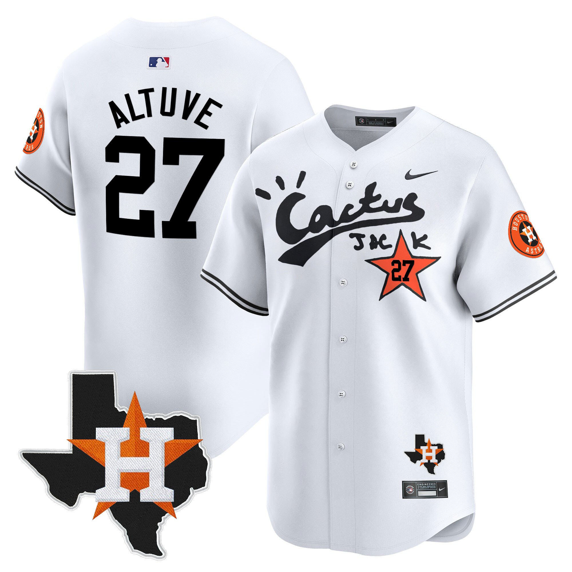 Jose Altuve 27 Houston Astros Cactus Jack Houston Patch Limited White MLB Jersey Men's