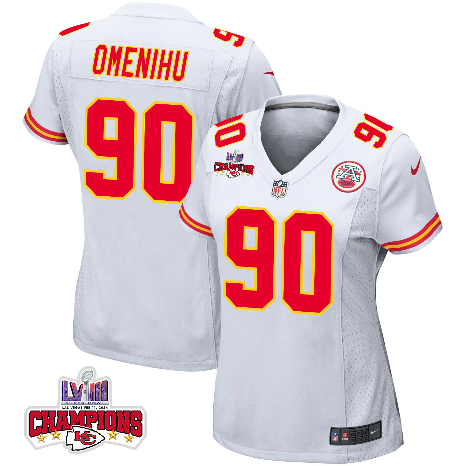 Charles Omenihu 90 Kansas City Chiefs Super Bowl LVIII Champions 4 Stars Patch Game White NFL Jersey Women's