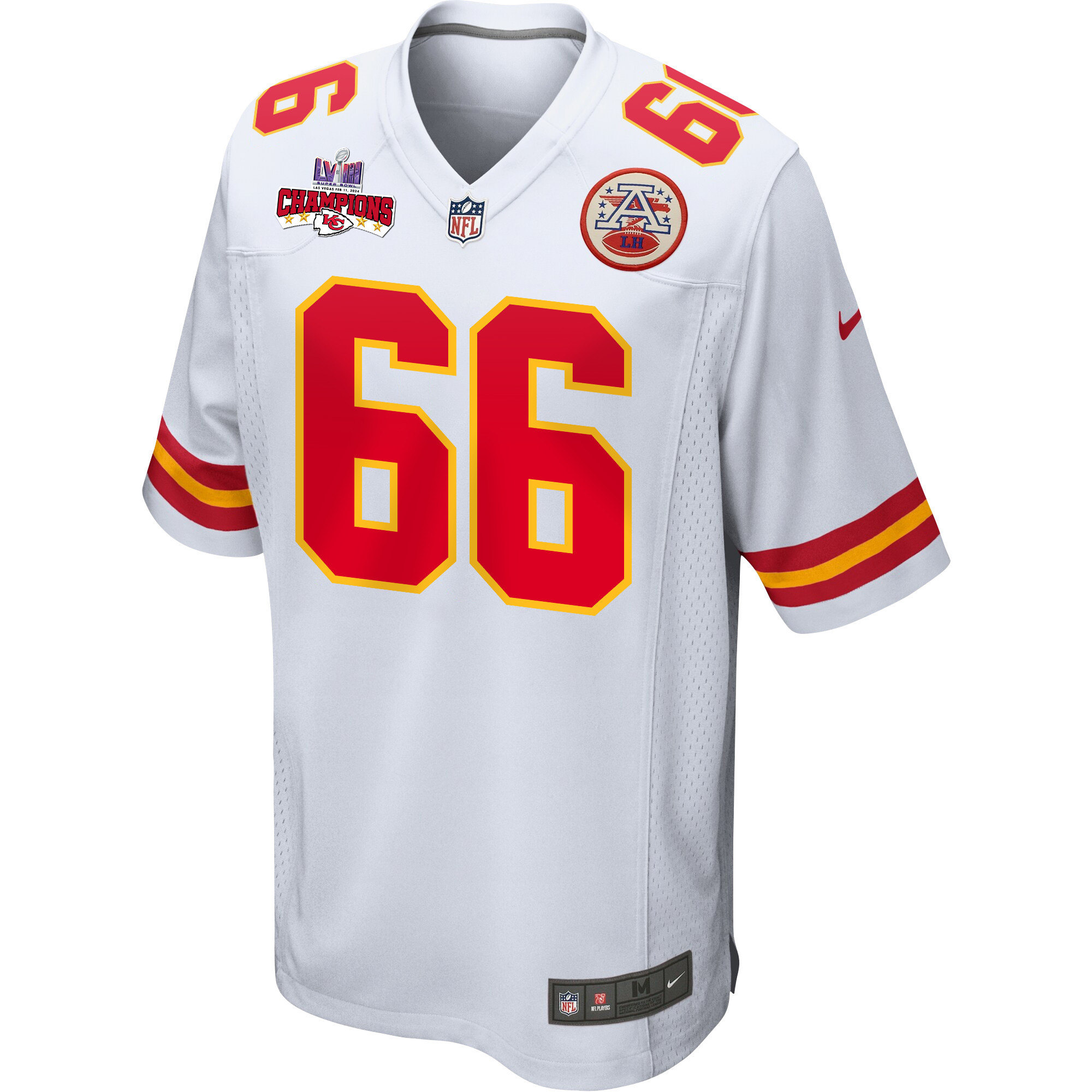 Mike Caliendo 66 Kansas City Chiefs Super Bowl LVIII Champions 4 Stars Patch Game White NFL Jersey Men's
