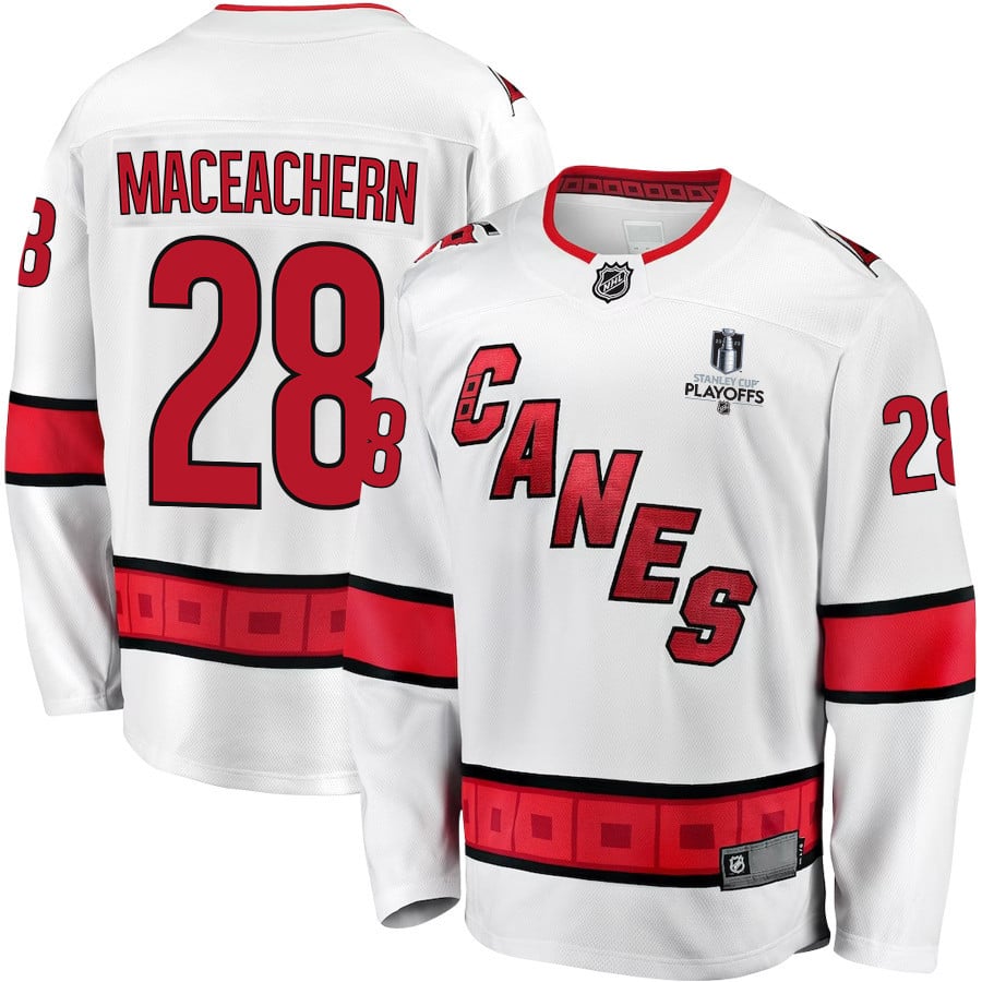 MacKenzie MacEachern 28 Carolina Hurricanes Stanley Cup 2023 Playoffs Patch Away Breakaway White NHL Jersey Men's