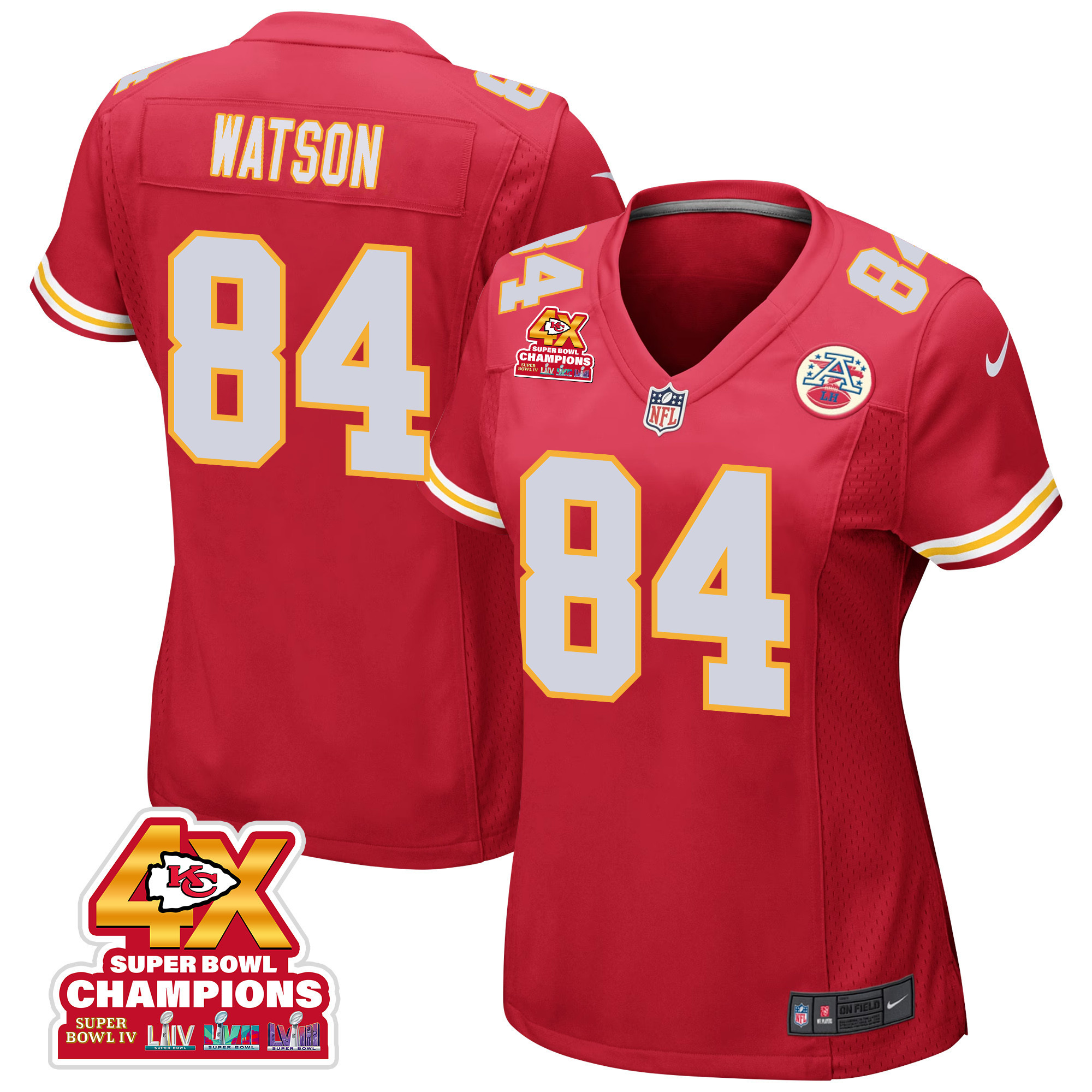 Justin Watson 84 Kansas City Chiefs Super Bowl LVIII Champions 4X Game Red NFL Jersey Women's