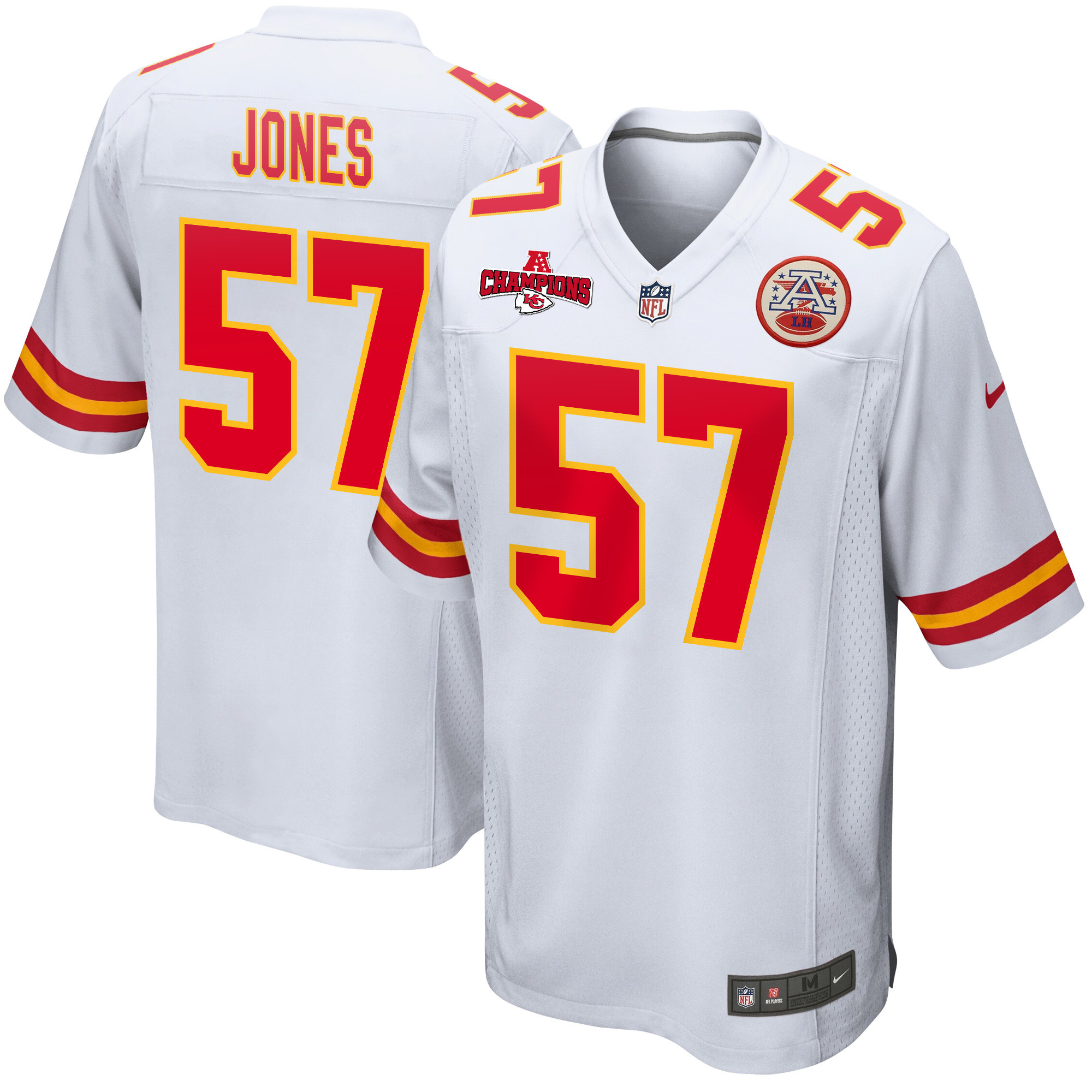Truman Jones 57 Kansas City Chiefs AFC Champions Patch Game White NFL Jersey Men's