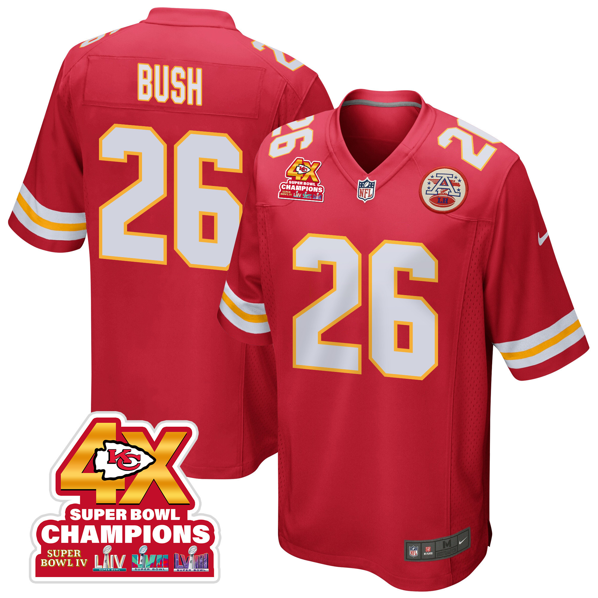 Deon Bush 26 Kansas City Chiefs Super Bowl LVIII Champions 4X Game Red NFL Jersey Men's