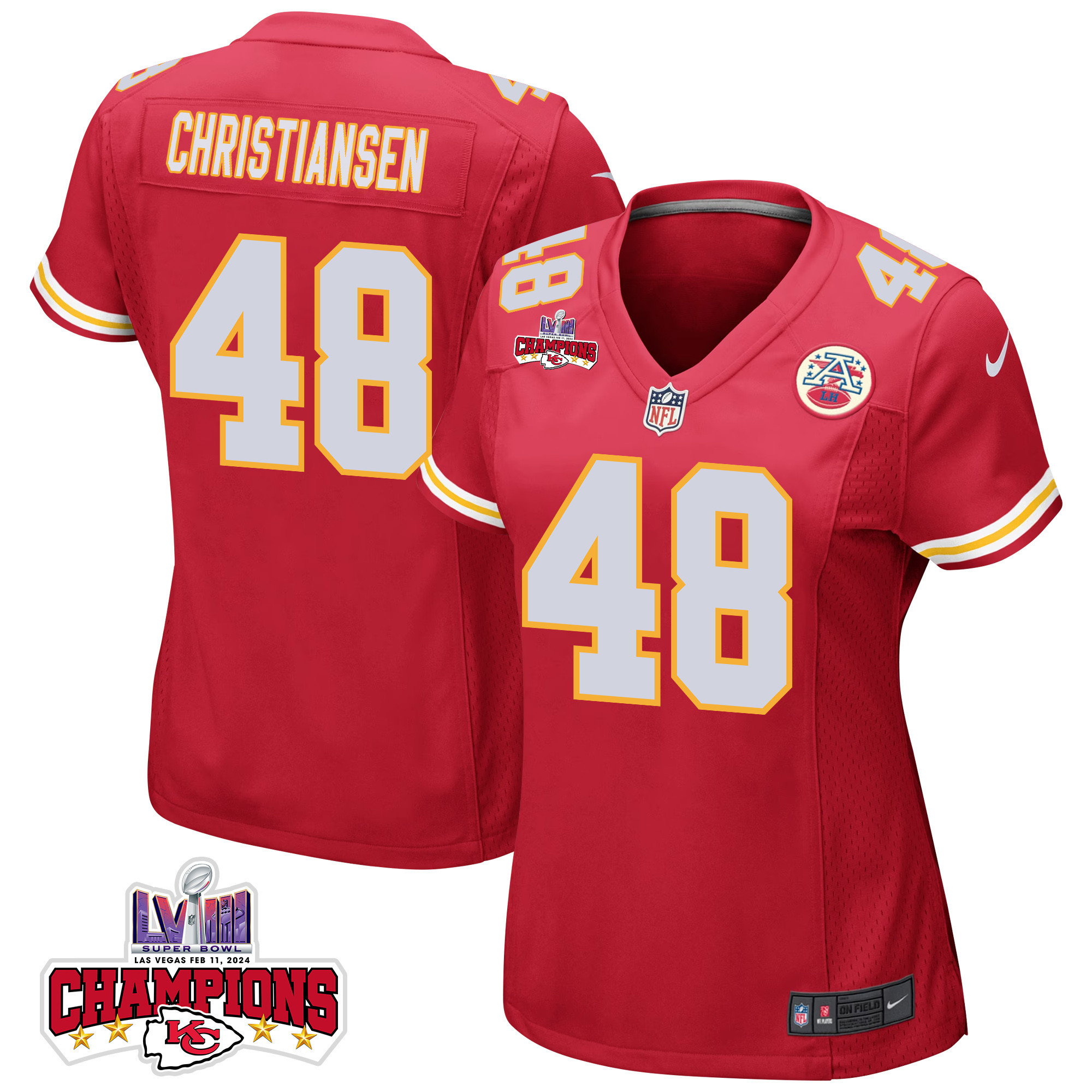 Cole Christiansen 48 Kansas City Chiefs Super Bowl LVIII Champions 4 Stars Patch Game Red NFL Jersey Women's