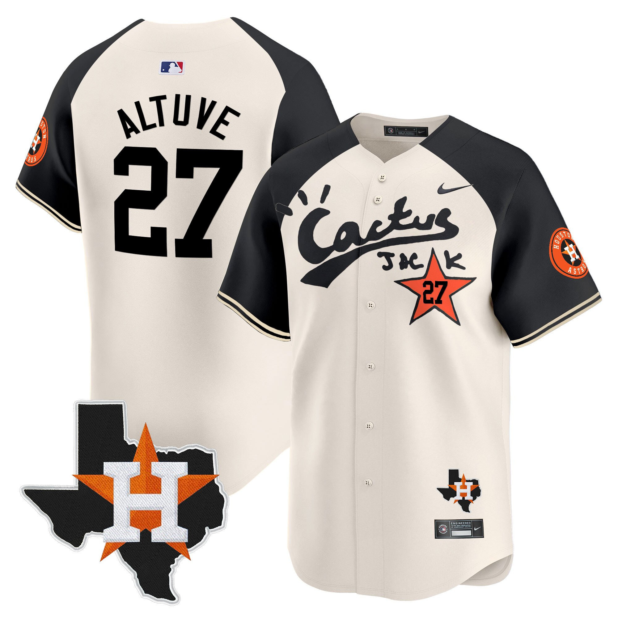 Jose Altuve 27 Houston Astros Cactus Jack Houston Patch Limited Cream Alternate MLB Jersey Men's