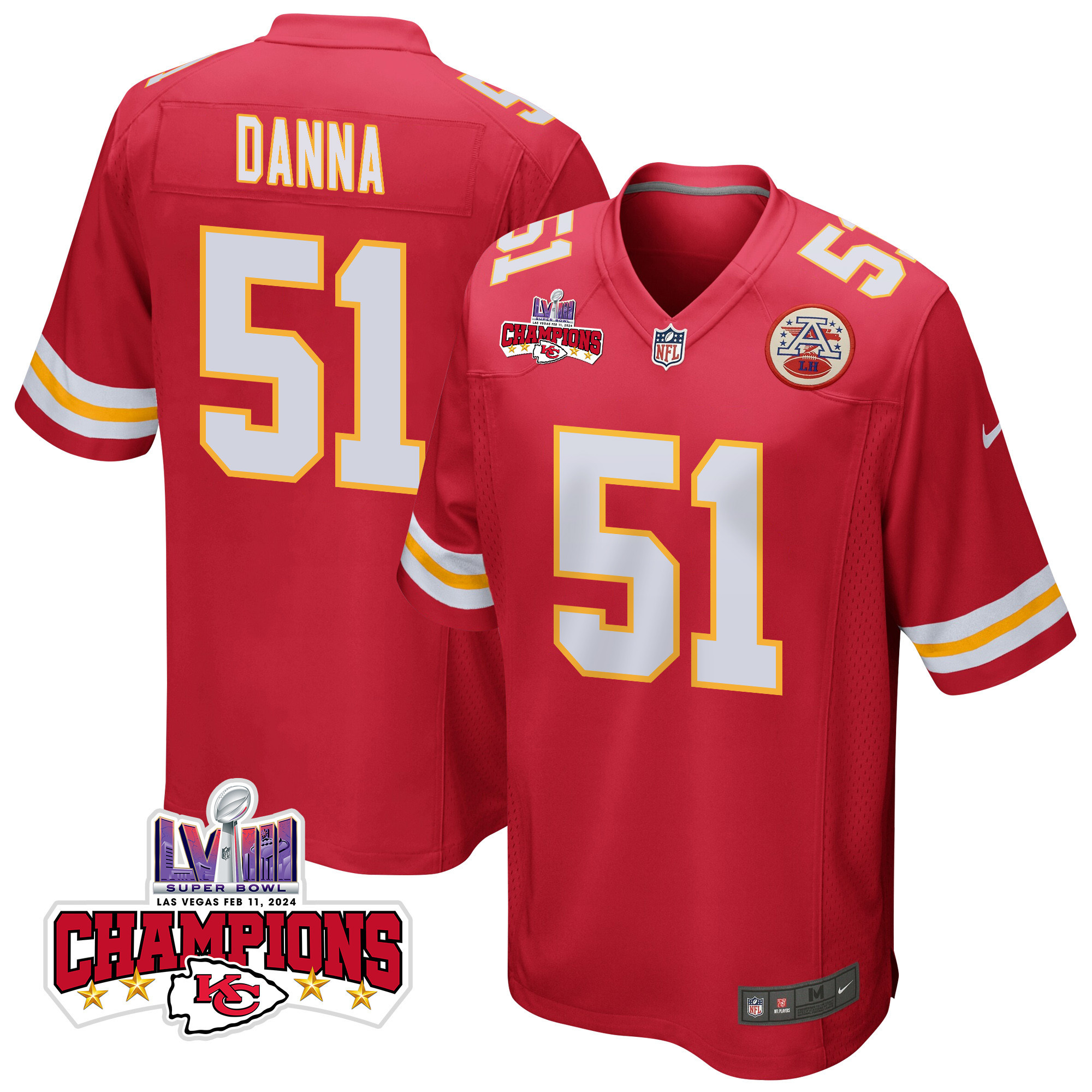 Mike Danna 51 Kansas City Chiefs Super Bowl LVIII Champions 4 Stars Patch Game Red NFL Jersey Men's