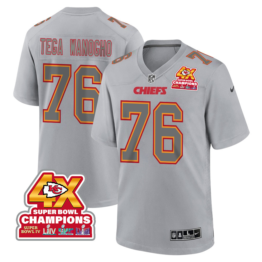 Prince Tega Wanogho 76 Kansas City Chiefs Super Bowl LVIII Champions 4X Atmosphere Fashion Game Gray NFL Jersey Men's