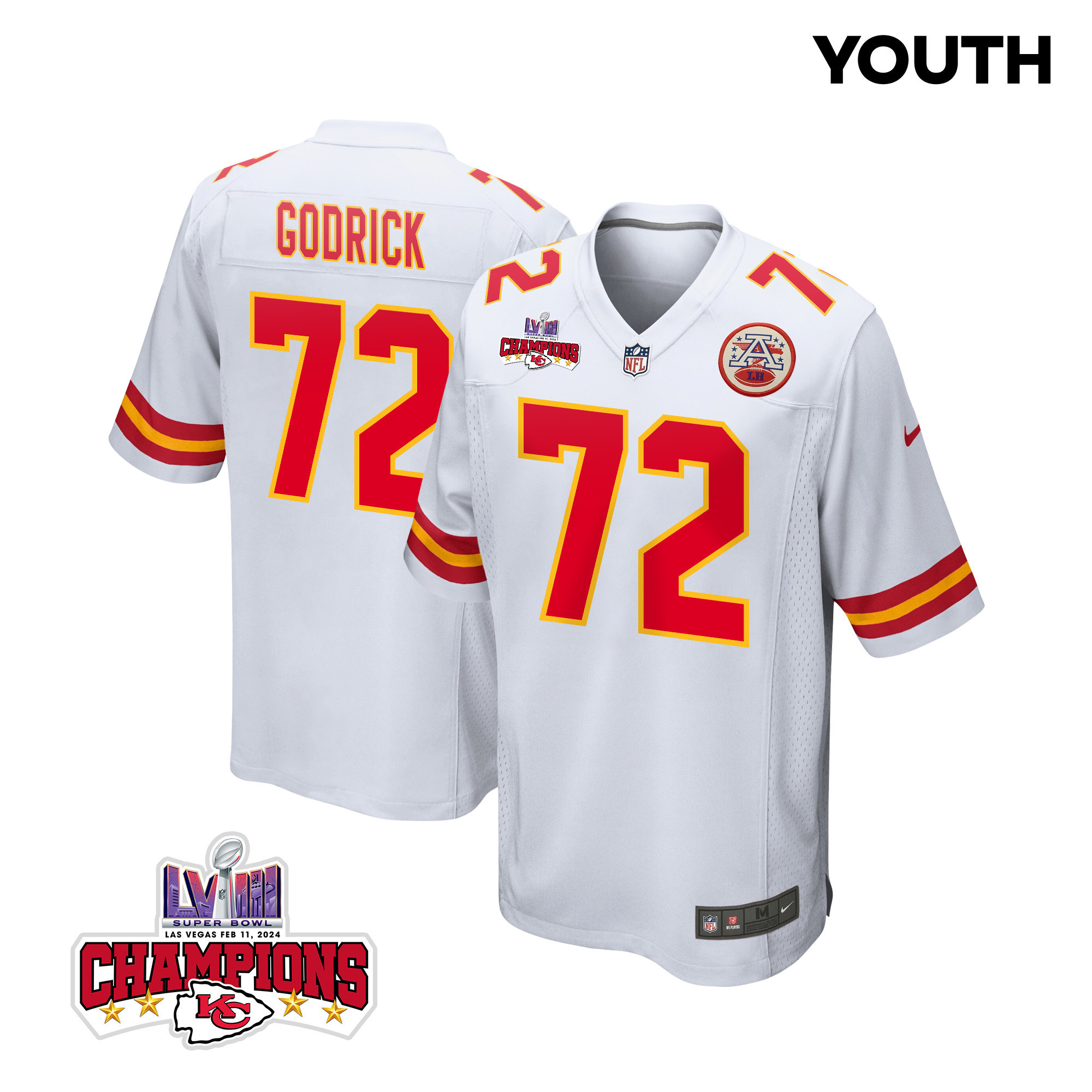 Chukwuebuka Godrick 72 Kansas City Chiefs Super Bowl LVIII Champions 4 Stars Patch Game White NFL Jersey Youth