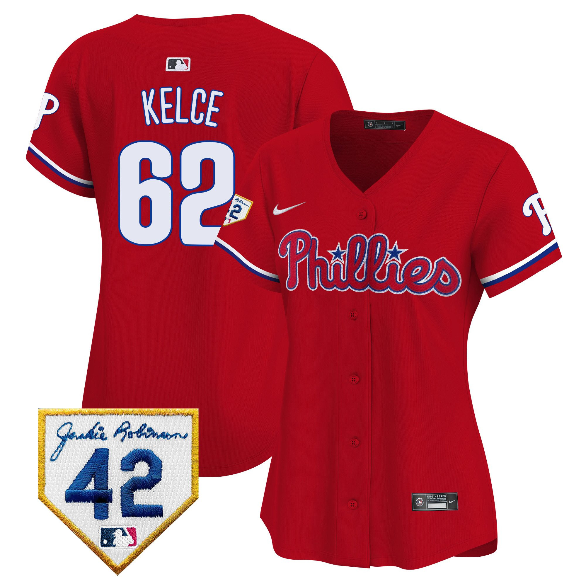 Jason Kelce 62 Philadelphia Phillies 2024 Jackie Robinson Patch Red MLB Jersey Women's