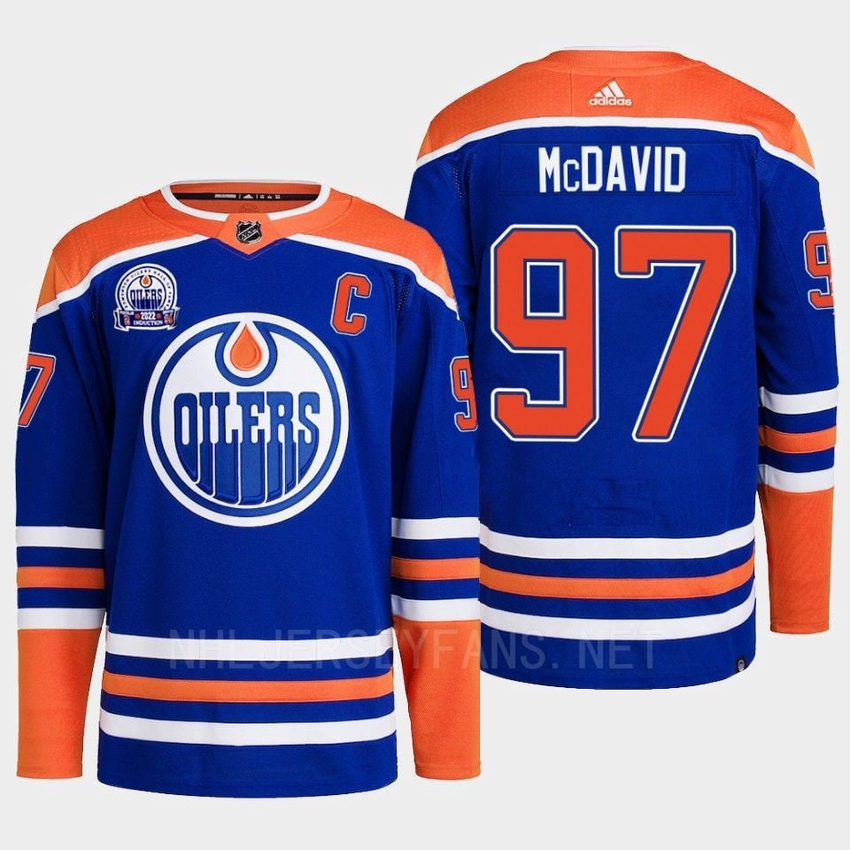 Edmonton Oilers Connor McDavid 97 Royal Primegreen Lee Ryan Hall Of Fame Patch 2022 NHL Jersey Men's