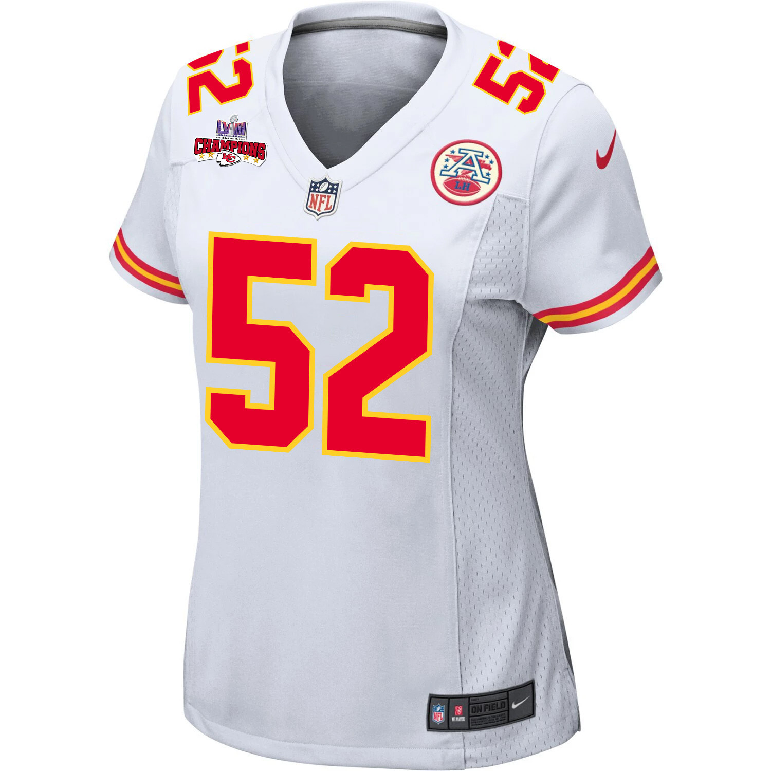 Creed Humphrey 52 Kansas City Chiefs Super Bowl LVIII Champions 4 Stars Patch Game White NFL Jersey Women's