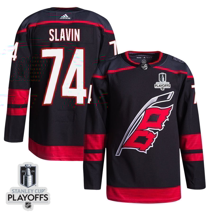 Jaccob Slavin 74 Carolina Hurricanes 2024 Playoffs Patch Home Black NHL Jersey Men's