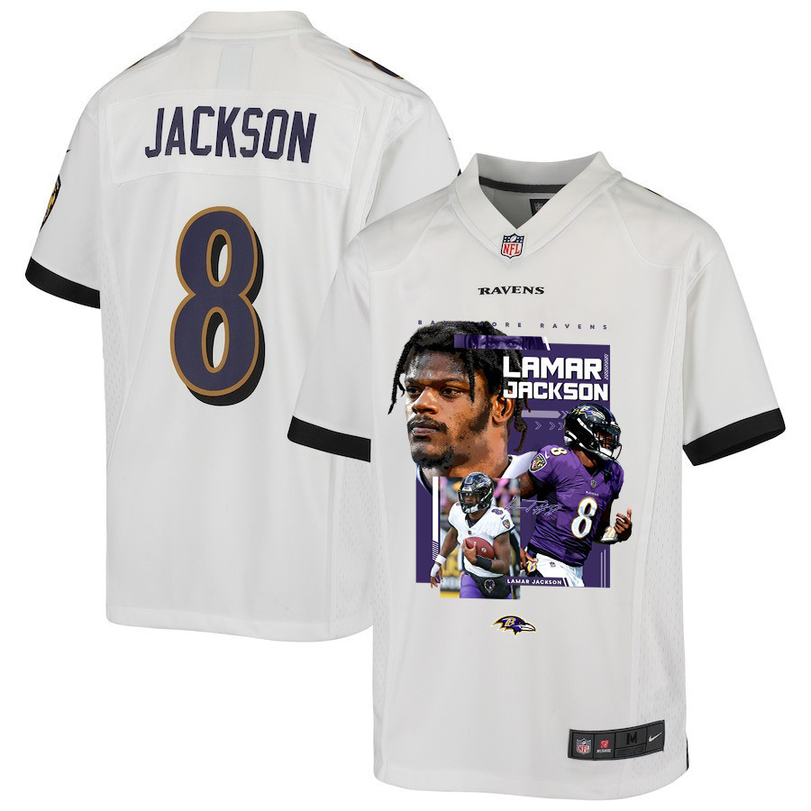 Lamar Jackson 8 Baltimore Ravens Cobra Jackson Game White NFL Jersey Youth