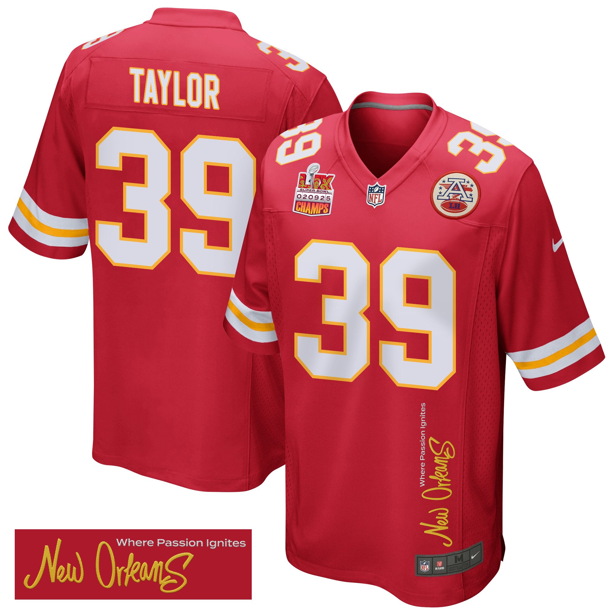 Keith Taylor 39 Kansas City Chiefs Super Bowl LIX Champions Patch New Orleans Where Passion Ignites' EMBROIDERED Game Red NFL Jersey Men's