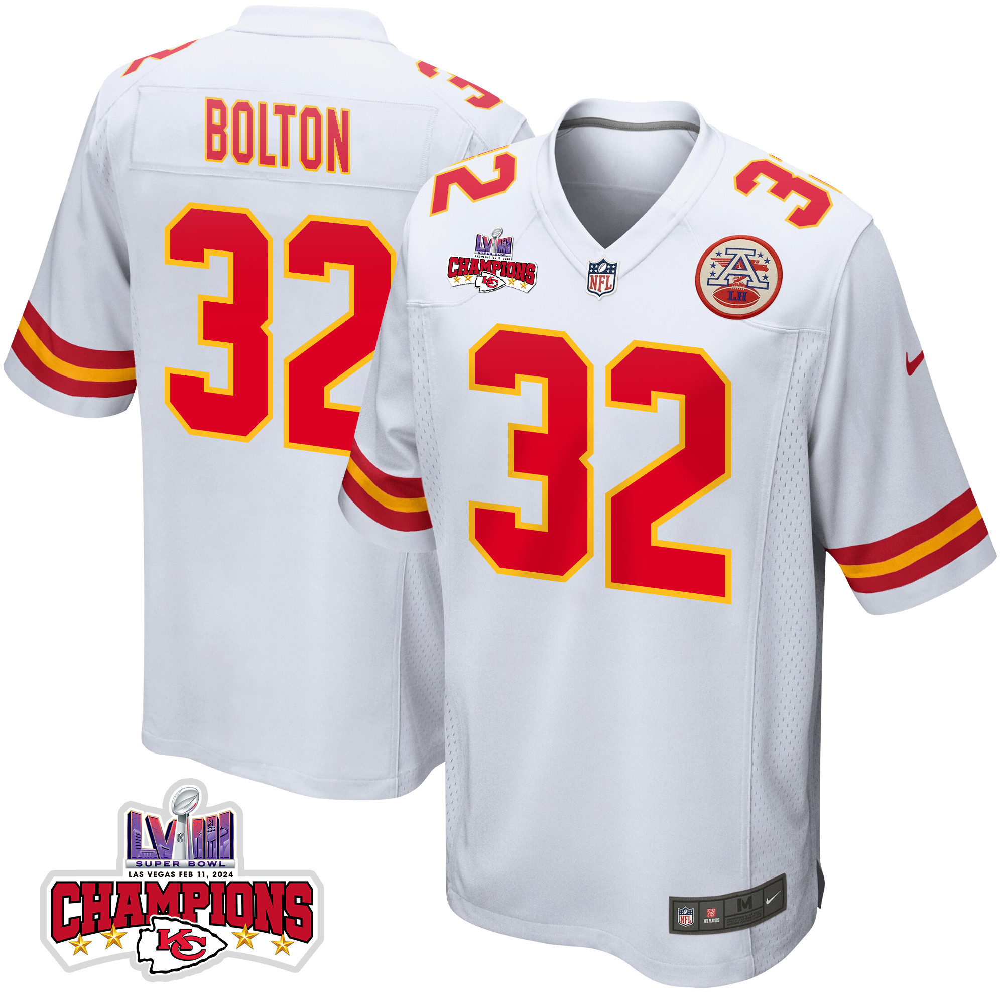 Nick Bolton 32 Kansas City Chiefs Super Bowl LVIII Champions 4 Stars Patch Game White NFL Jersey Men's