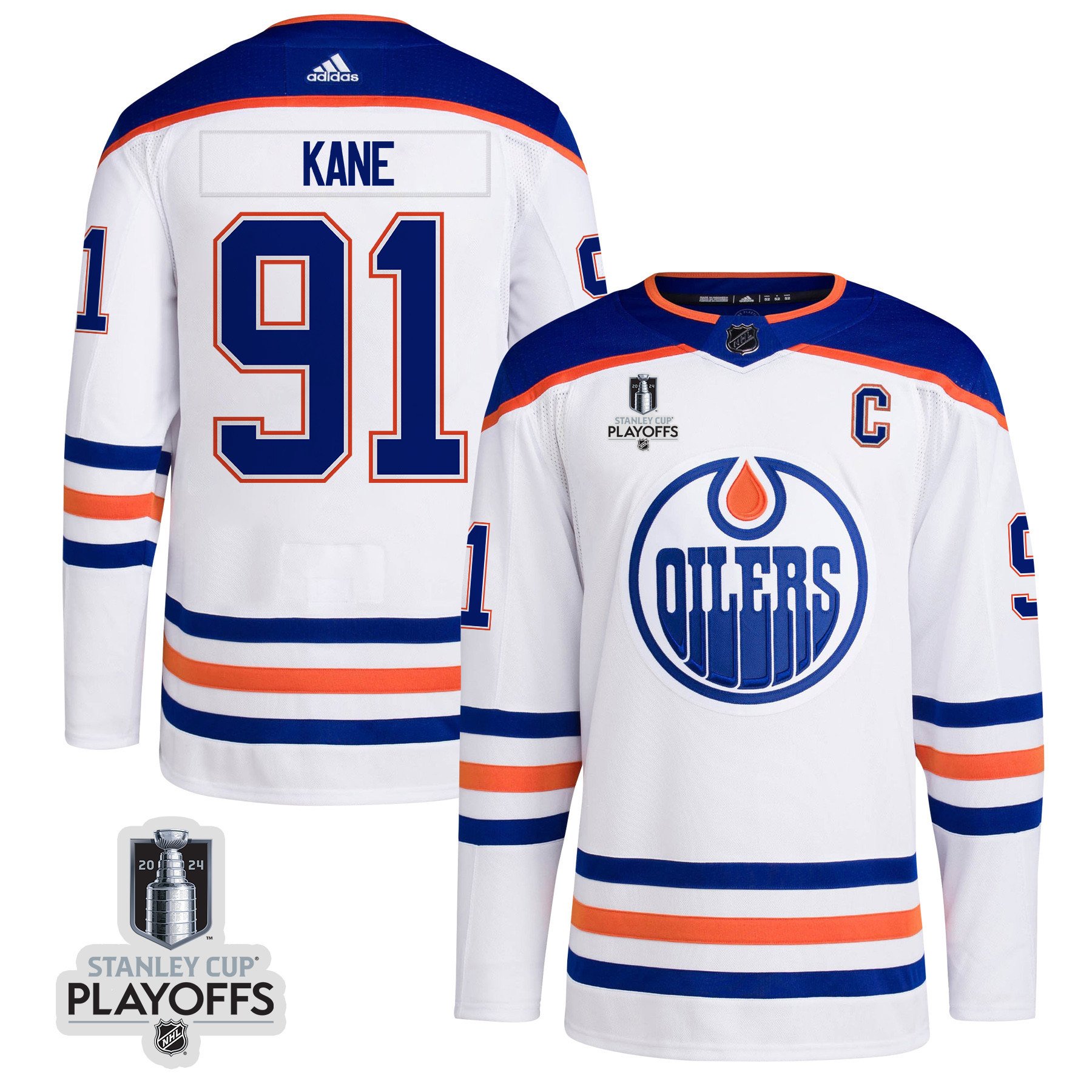 Evander Kane 91 Edmonton Oilers 2024 Playoffs Patch Away White NHL Jersey Men's