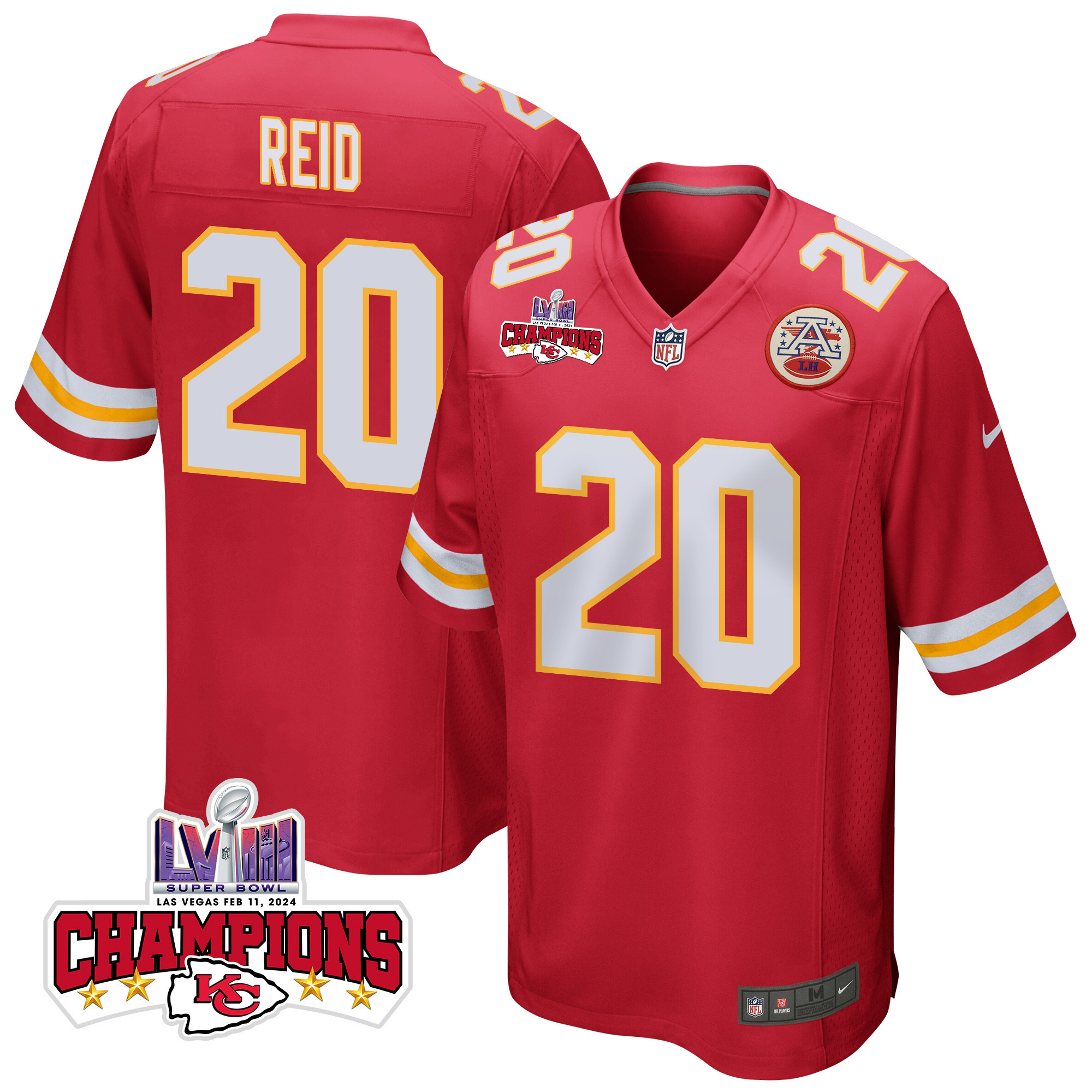 Justin Reid 20 Kansas City Chiefs Super Bowl LVIII Champions 4 Stars Patch Game Red NFL Jersey Men's