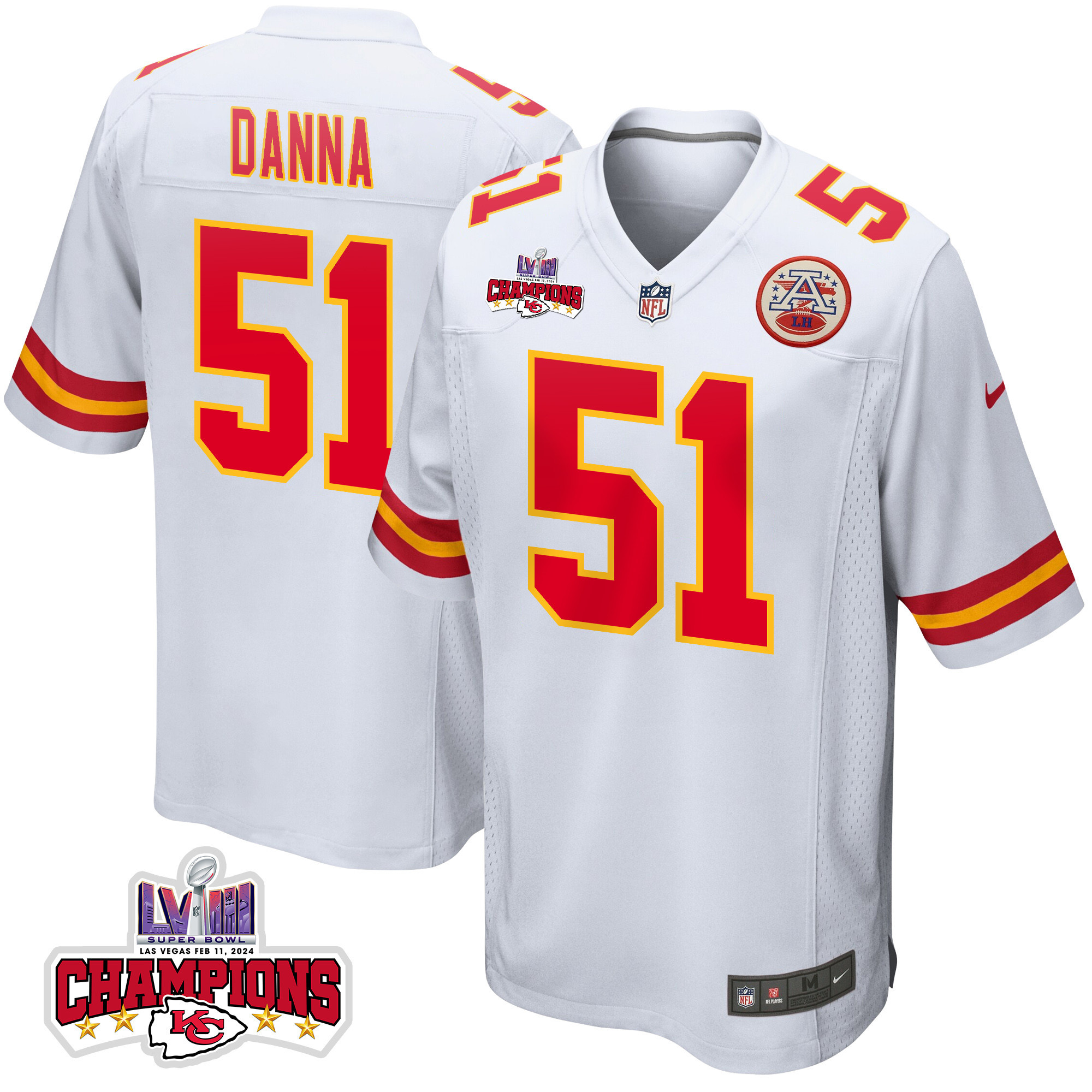 Mike Danna 51 Kansas City Chiefs Super Bowl LVIII Champions 4 Stars Patch Game White NFL Jersey Men's