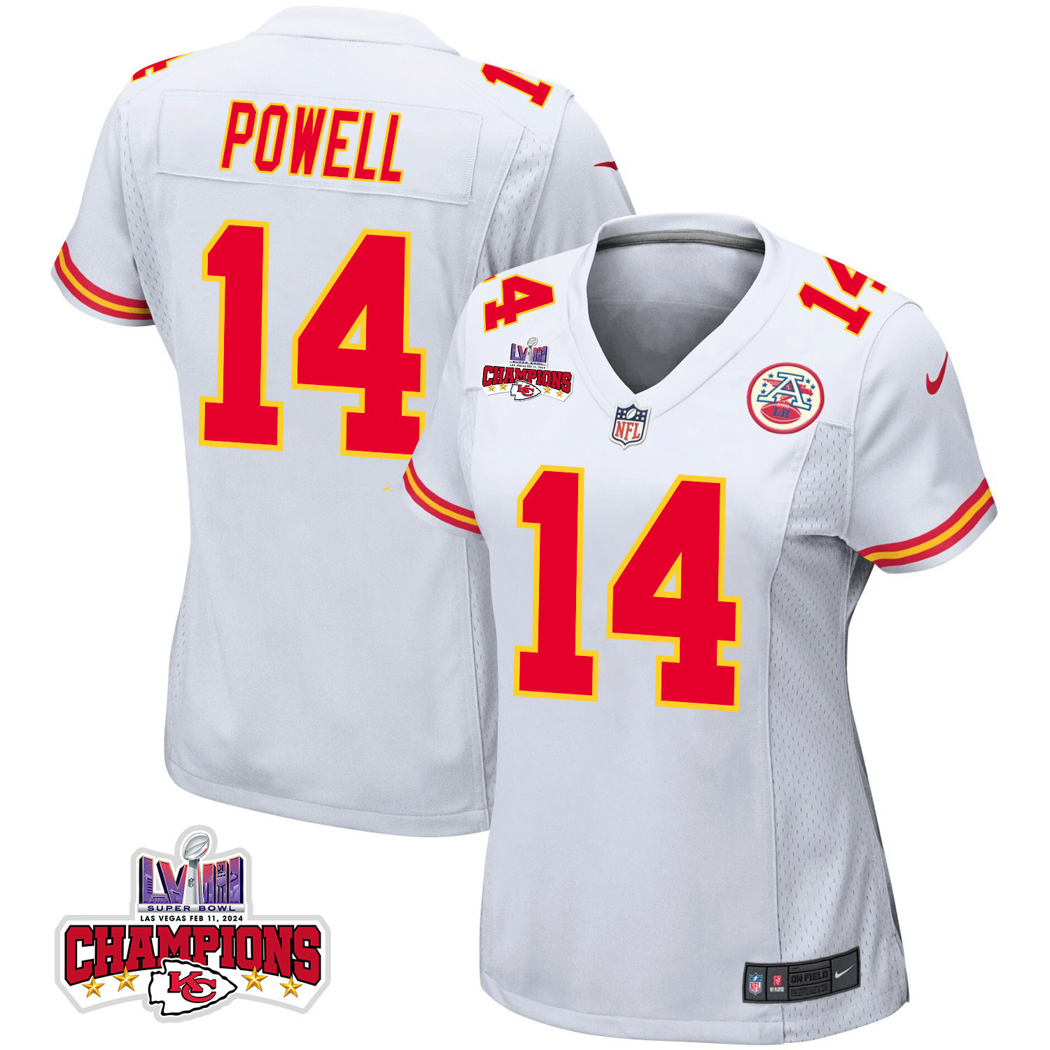 Cornell Powell 14 Kansas City Chiefs Super Bowl LVIII Champions 4 Stars Patch Game White NFL Jersey Women's