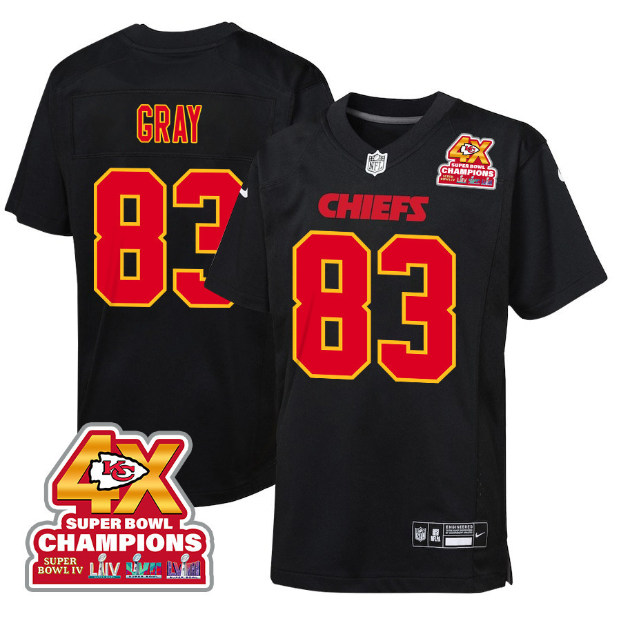 Noah Gray 83 Kansas City Chiefs Super Bowl LVIII Champions 4X Fashion Game Carbon Black NFL Jersey Youth