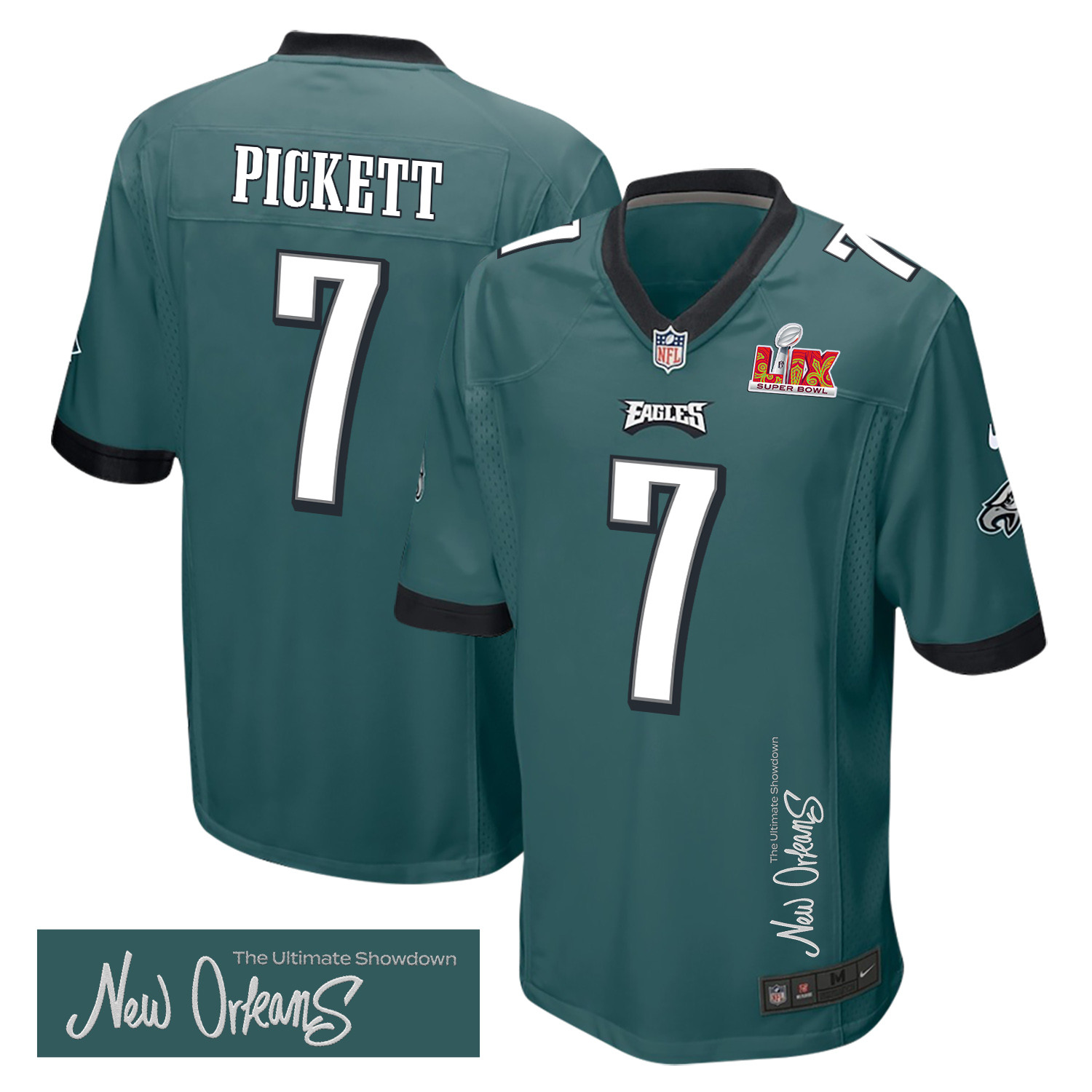 Kenny Pickett 7 Philadelphia Eagles Super Bowl LIX New Orleans The Ultimate Showdown' EMBROIDERED Game Midnight Green NFL Jersey Men's