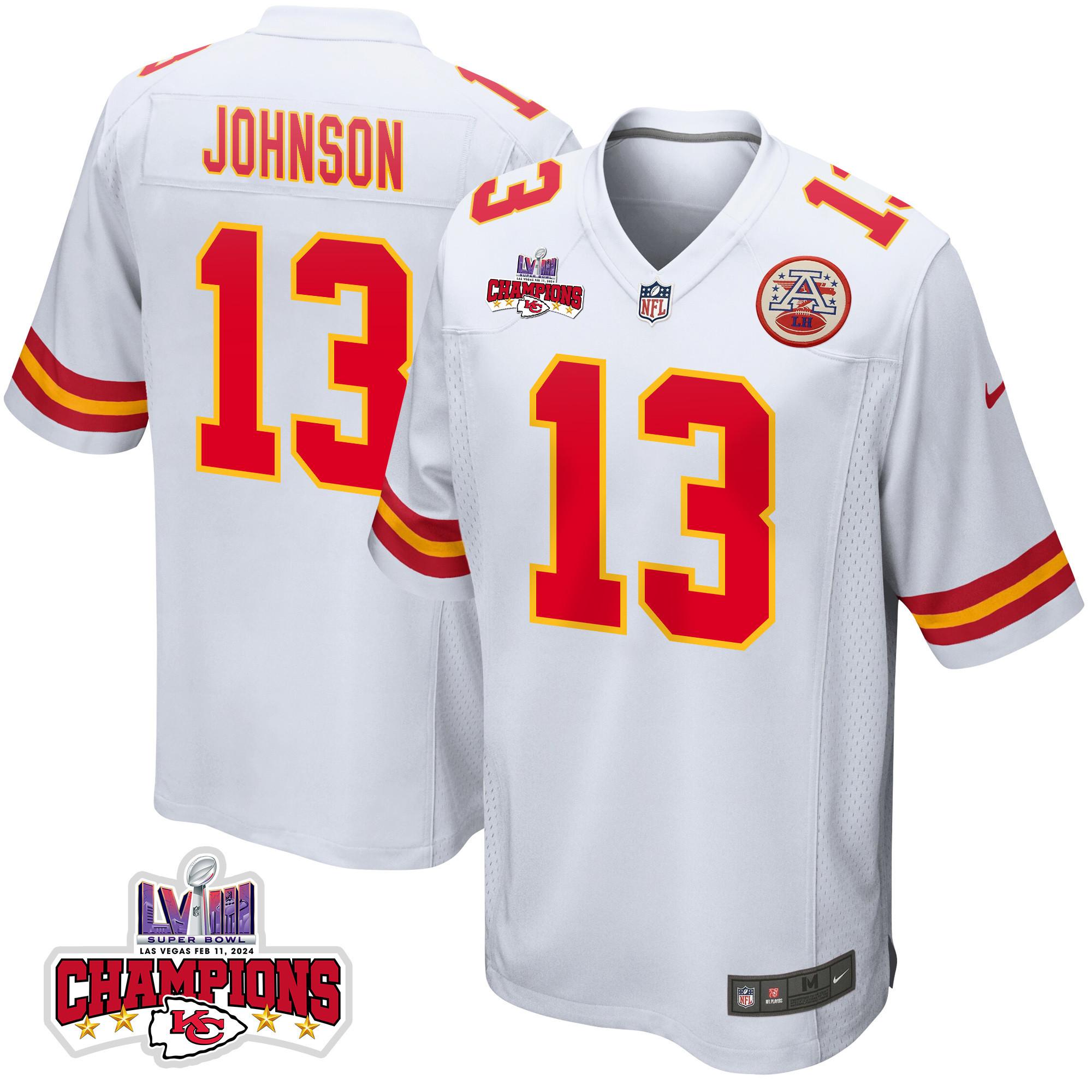 Nazeeh Johnson 13 Kansas City Chiefs Super Bowl LVIII Champions 4 Stars Patch Game White NFL Jersey Men's
