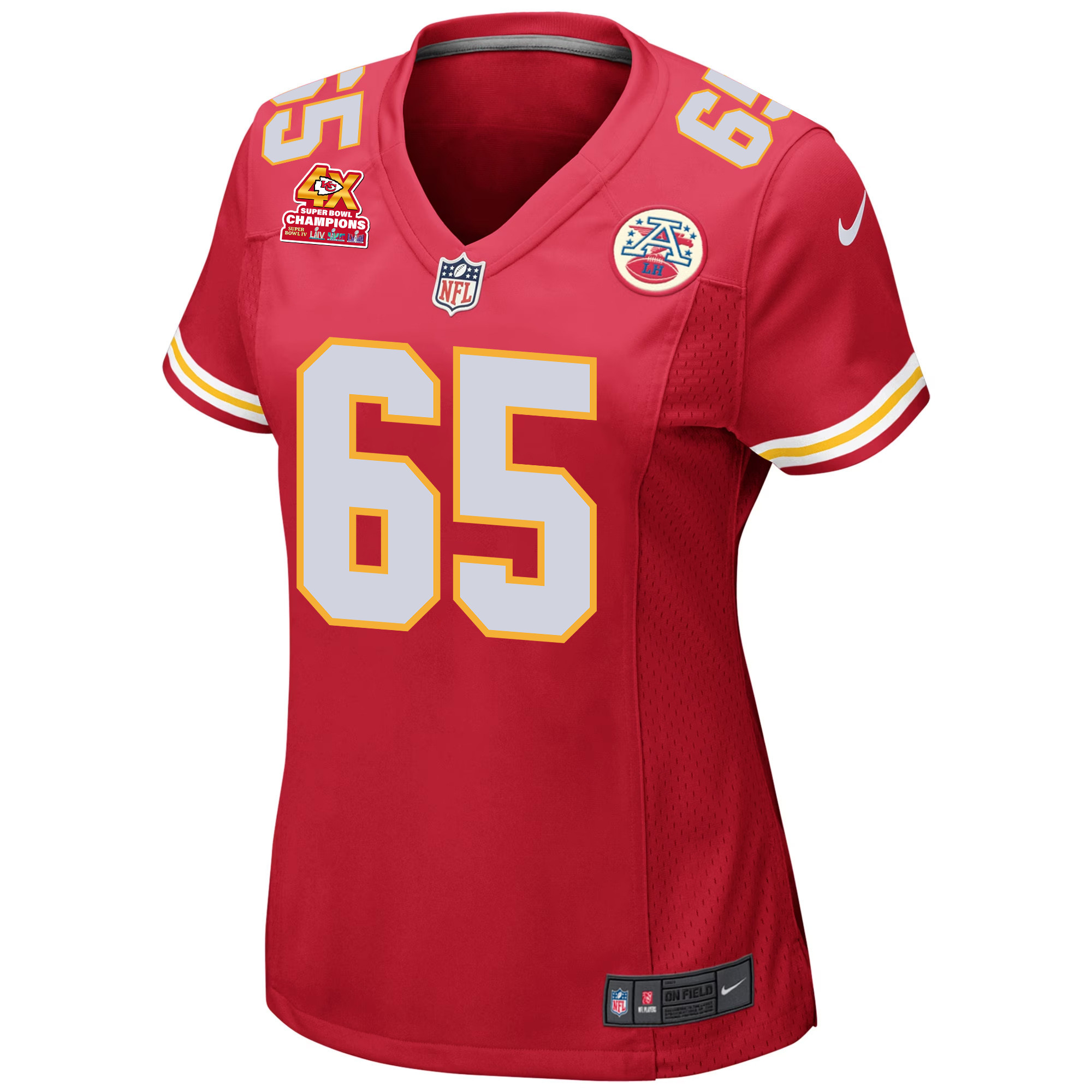 Trey Smith 65 Kansas City Chiefs Super Bowl LVIII Champions 4X Game Red NFL Jersey Women's