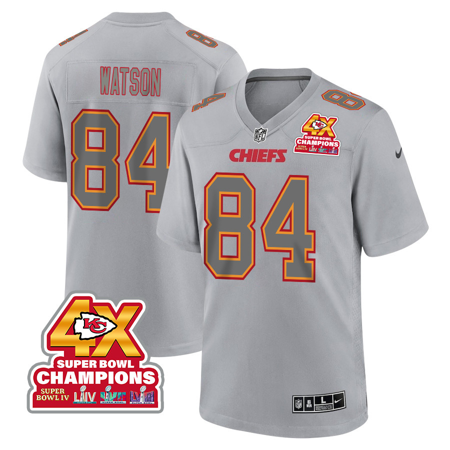 Justin Watson 84 Kansas City Chiefs Super Bowl LVIII Champions 4X Atmosphere Fashion Game Gray NFL Jersey Men's