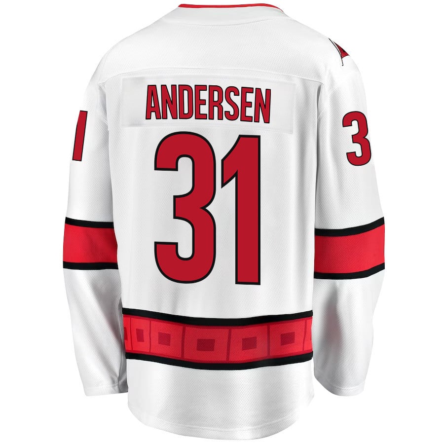 Frederik Andersen 31 Carolina Hurricanes Stanley Cup 2023 Playoffs Patch Away Breakaway White NHL Jersey Men's