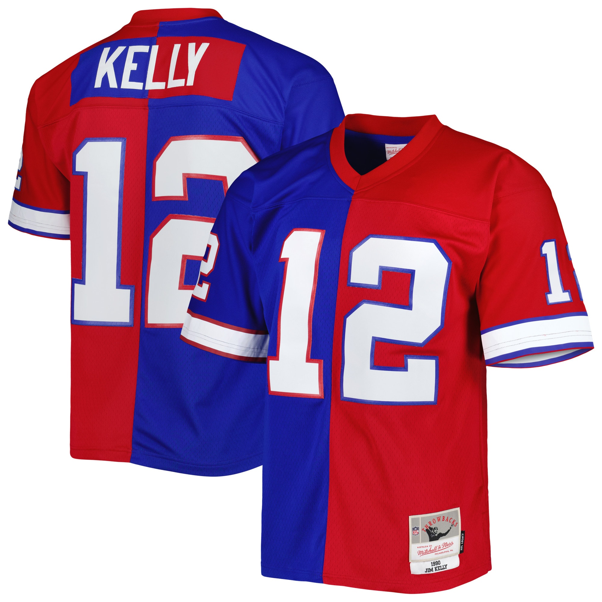 Buffalo Bills Jim Kelly Mitchell Ness Royal/Red 1990 Split Legacy NFL Jersey Men's