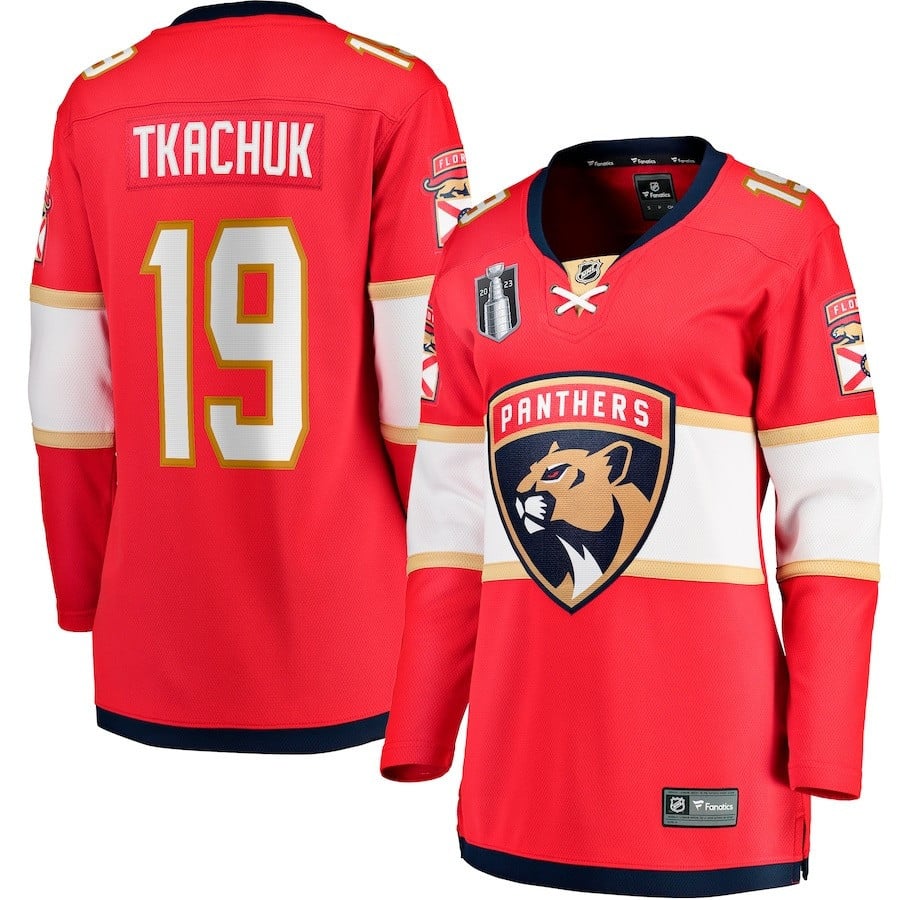 Matthew Tkachuk 19 Florida Panthers 2023 Stanley Cup Final Home Breakaway Player Red NHL Jersey Women's