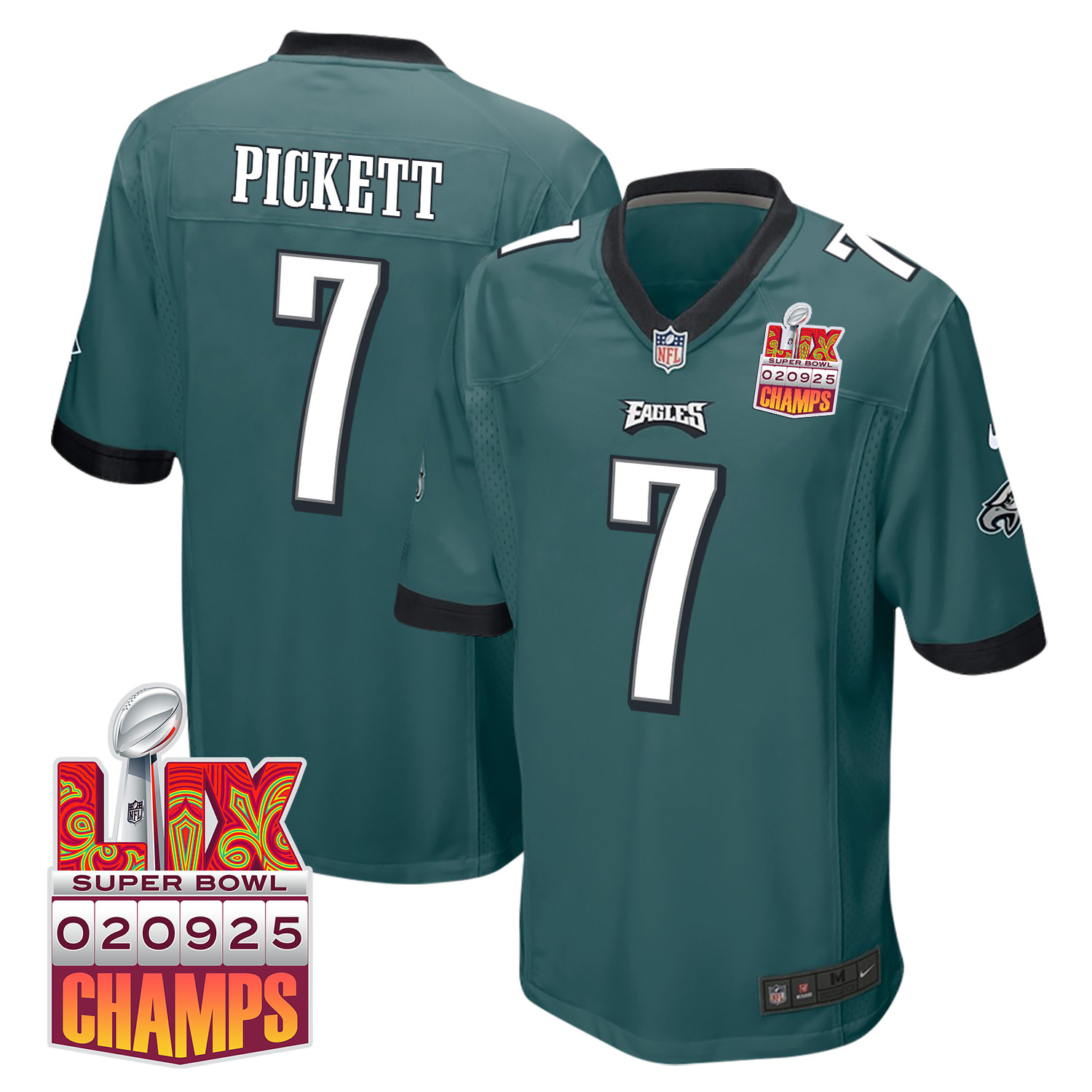 Kenny Pickett 7 Philadelphia Eagles Super Bowl LIX Champions Patch Game Midnight Green NFL Jersey Men's