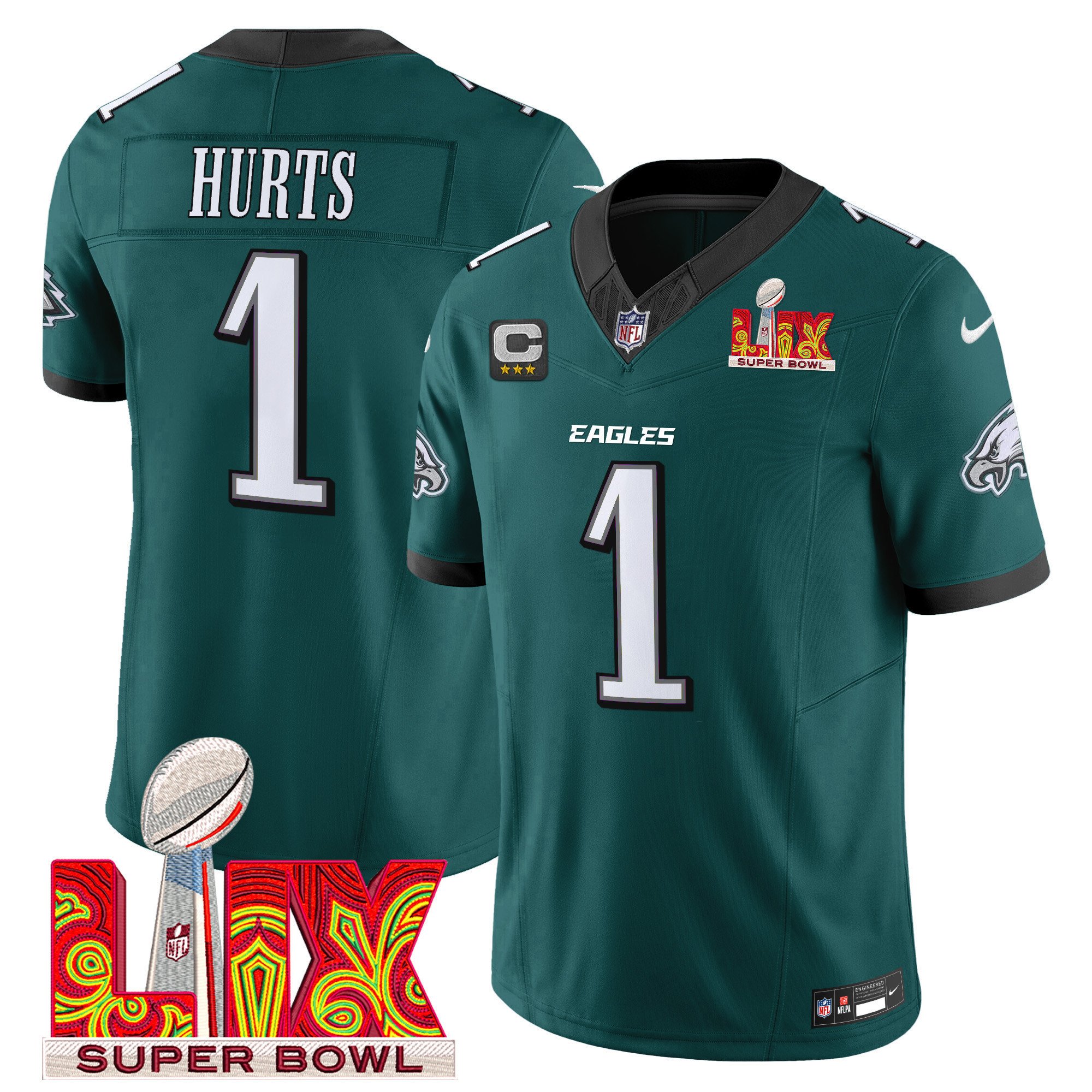 Jalen Hurts 1 Philadelphia Eagles Super Bowl Champions LIX Patch Vapor Limited Midnight Green NFL Jersey Men's