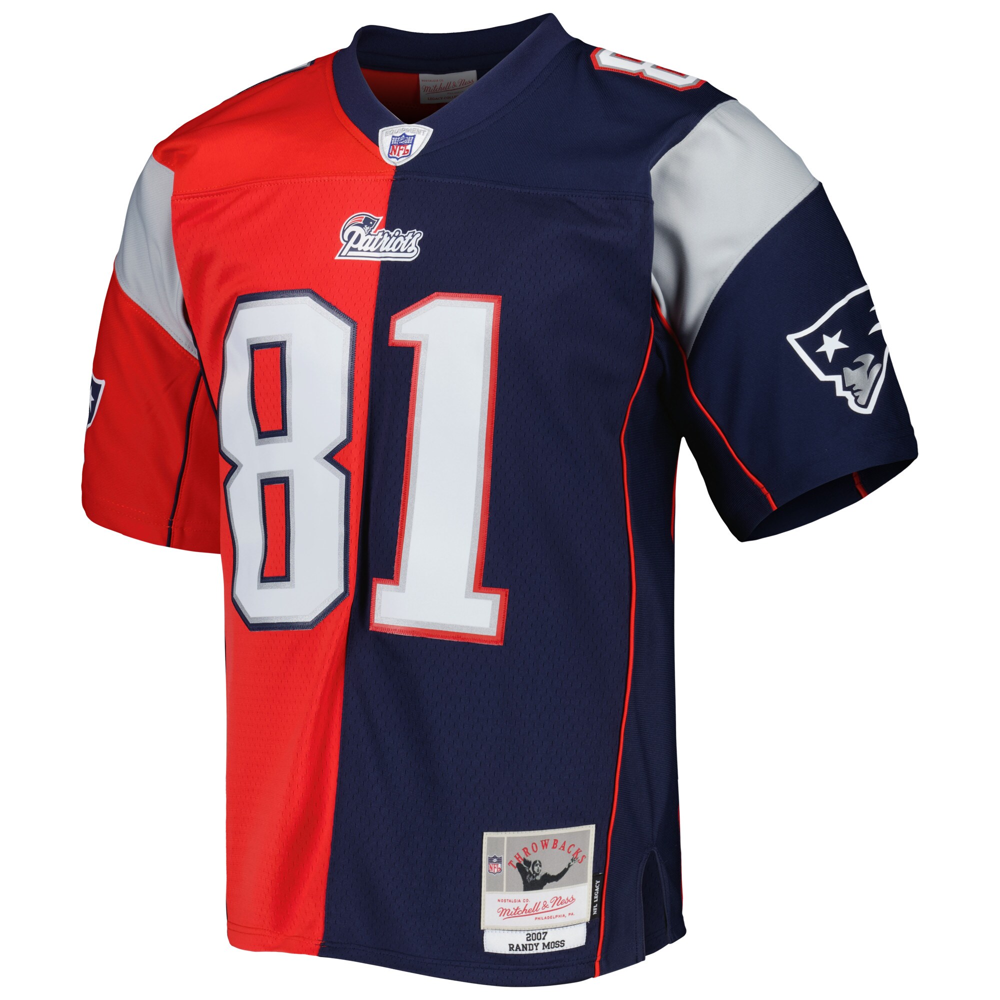 New England Patriots Randy Moss Mitchell Ness Navy/Red 2007 Split Legacy NFL Jersey Men's