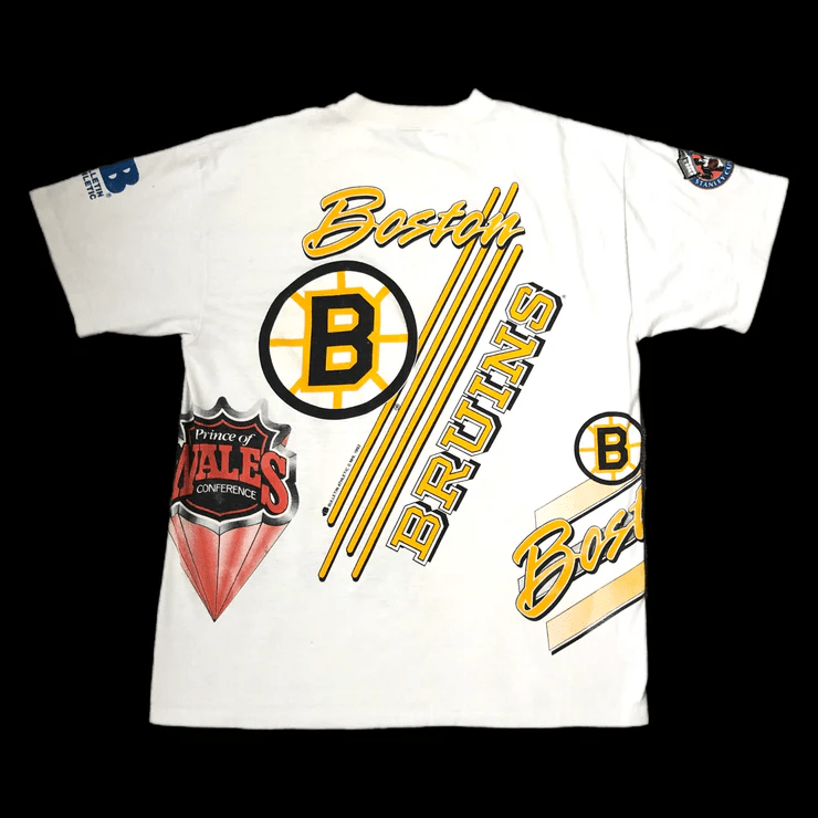 Vintage 1992 Boston Bruins Bulletin Athletic All Over Print T-Shirt White NHL Jersey Men's