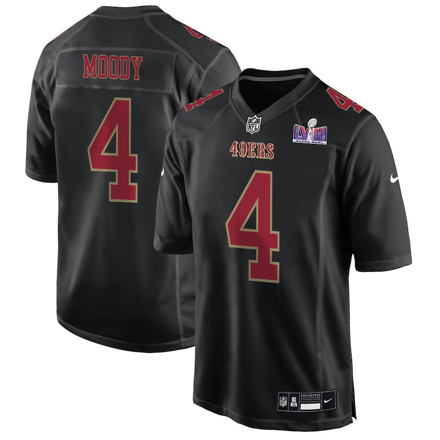 Jake Moody 4 San Francisco 49ers Super Bowl LVIII Patch Fashion Game Carbon Black NFL Jersey Men's