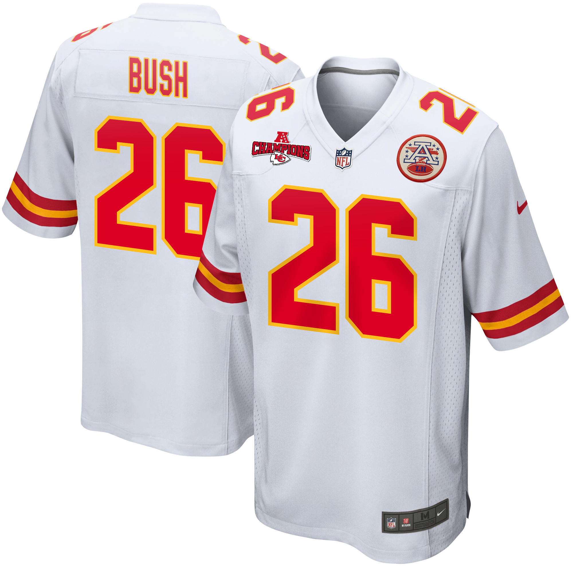 Deon Bush 26 Kansas City Chiefs AFC Champions Patch Game White NFL Jersey Men's