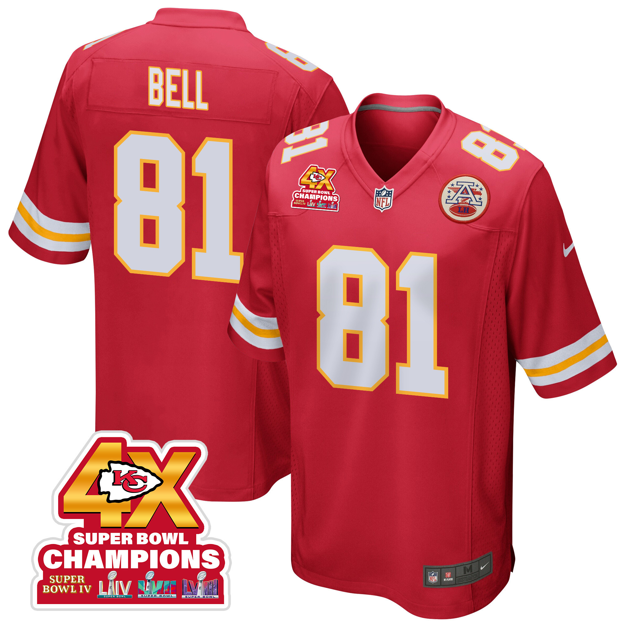 Blake Bell 81 Kansas City Chiefs Super Bowl LVIII Champions 4X Game Red NFL Jersey Men's