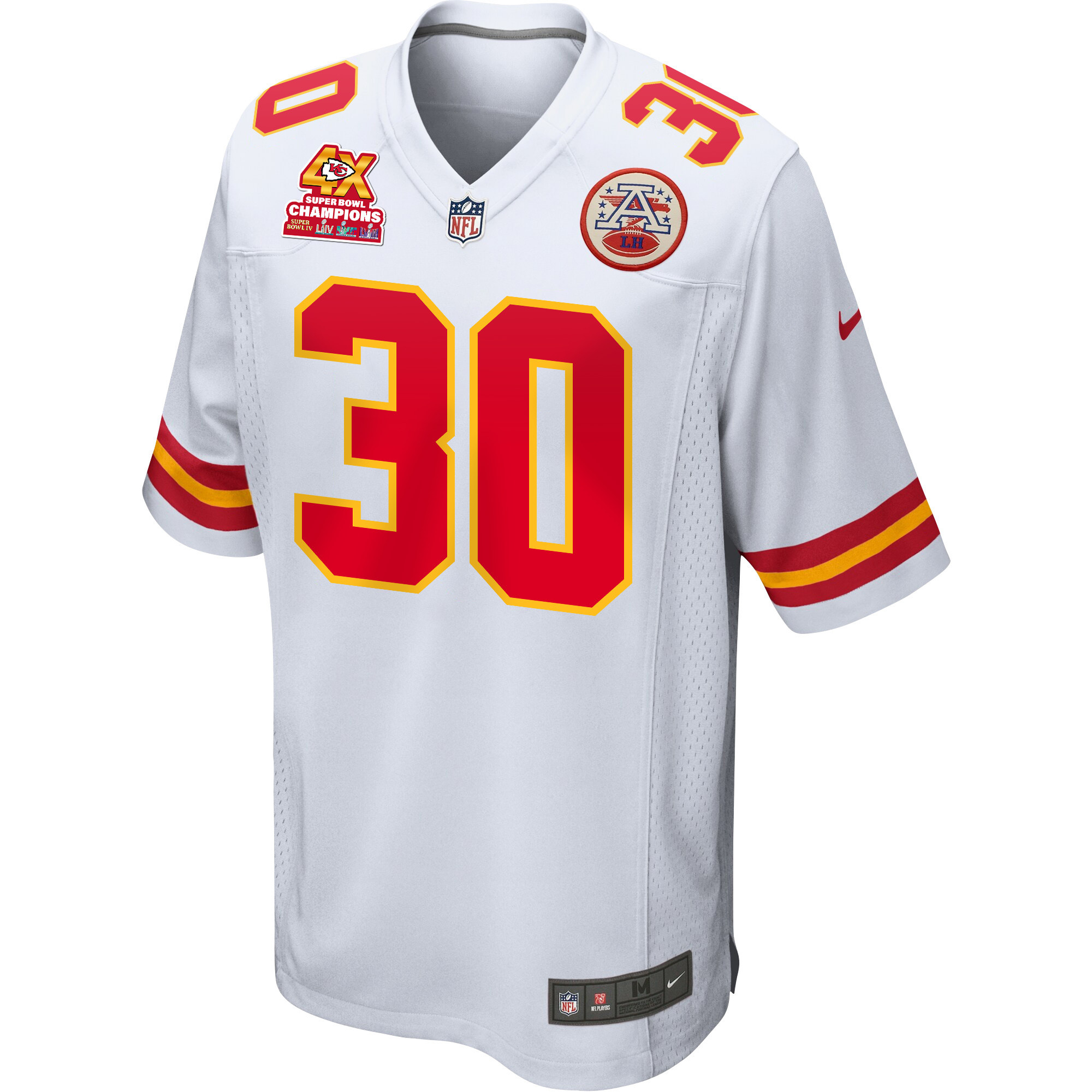 Keaontay Ingram 30 Kansas City Chiefs Super Bowl LVIII Champions 4X Game White NFL Jersey Men's