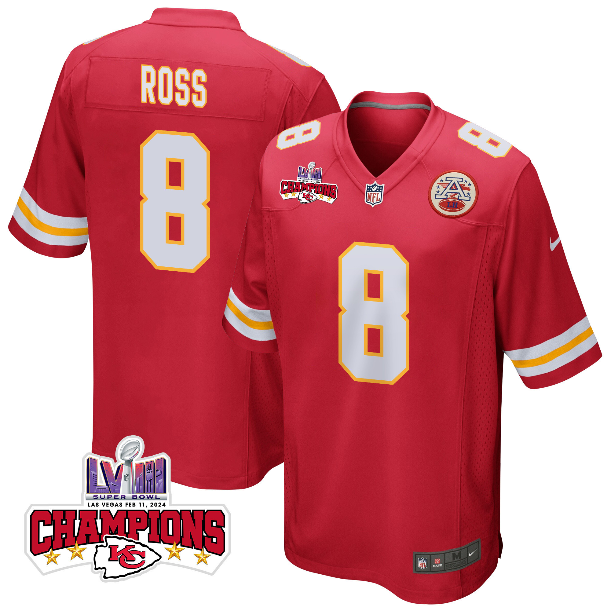 Justyn Ross 8 Kansas City Chiefs Super Bowl LVIII Champions 4 Stars Patch Game Red NFL Jersey Men's