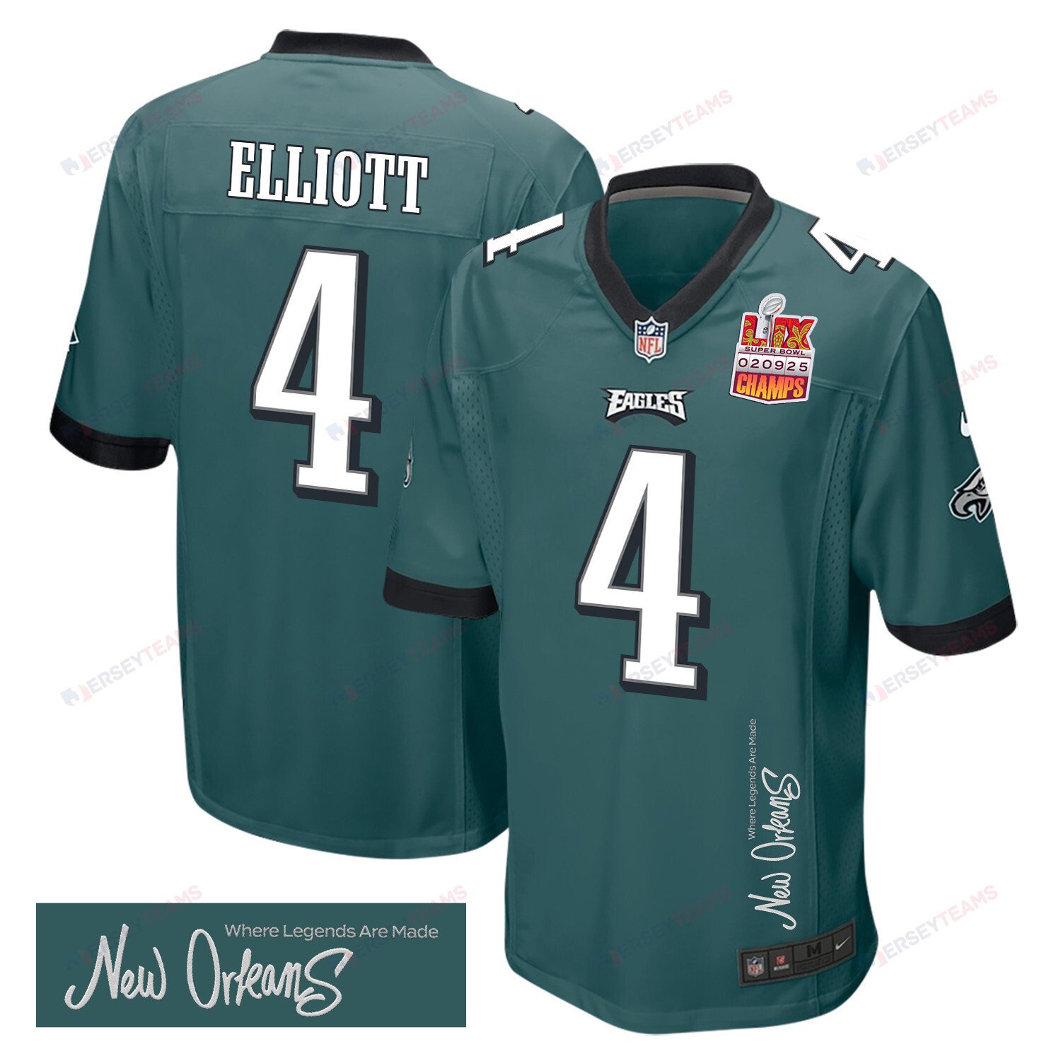 Jake Elliott 4 Philadelphia Eagles Super Bowl LIX Champions Patch New Orleans Where Legends Are Made' EMBROIDERED Game Midnight Green NFL Jersey Men's