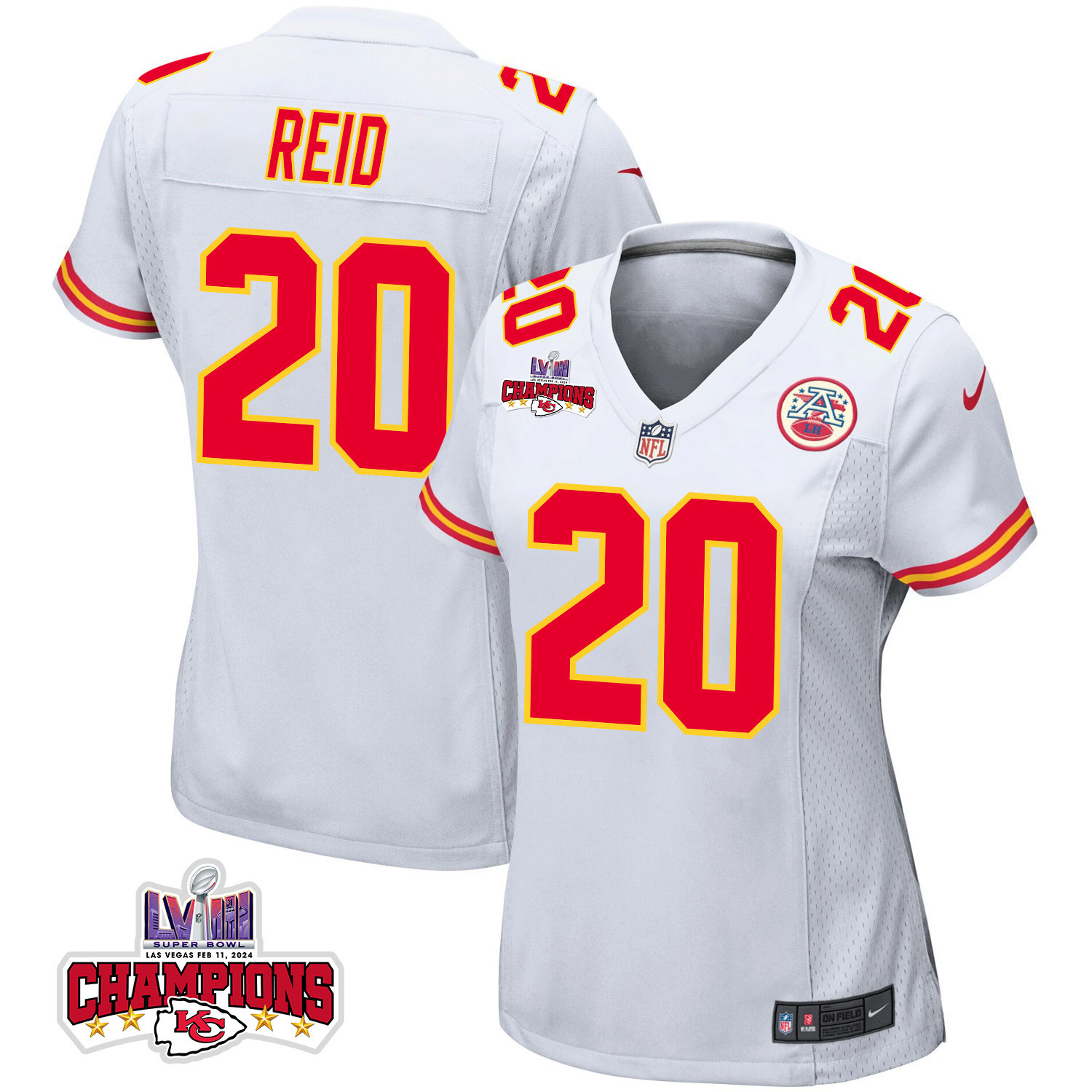 Justin Reid 20 Kansas City Chiefs Super Bowl LVIII Champions 4 Stars Patch Game White NFL Jersey Women's