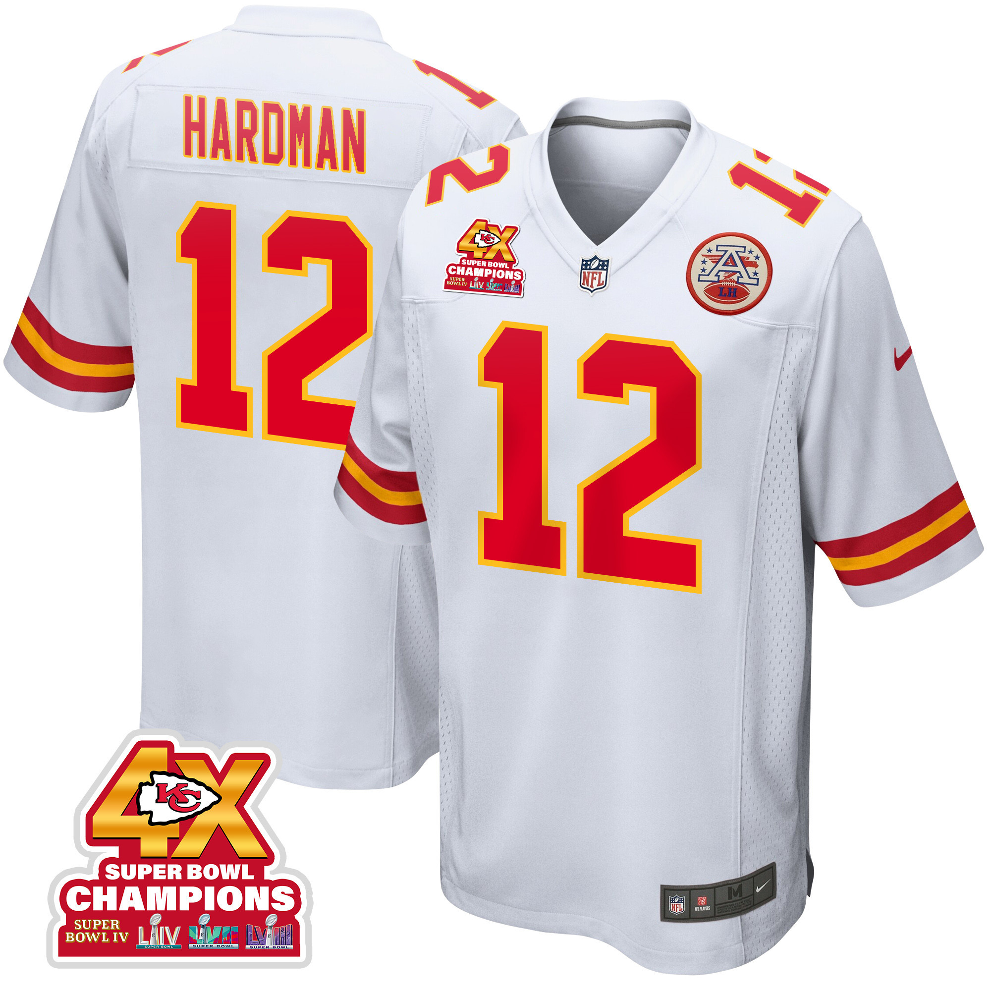 Mecole Hardman 12 Kansas City Chiefs Super Bowl LVIII Champions 4X Game White NFL Jersey Men's