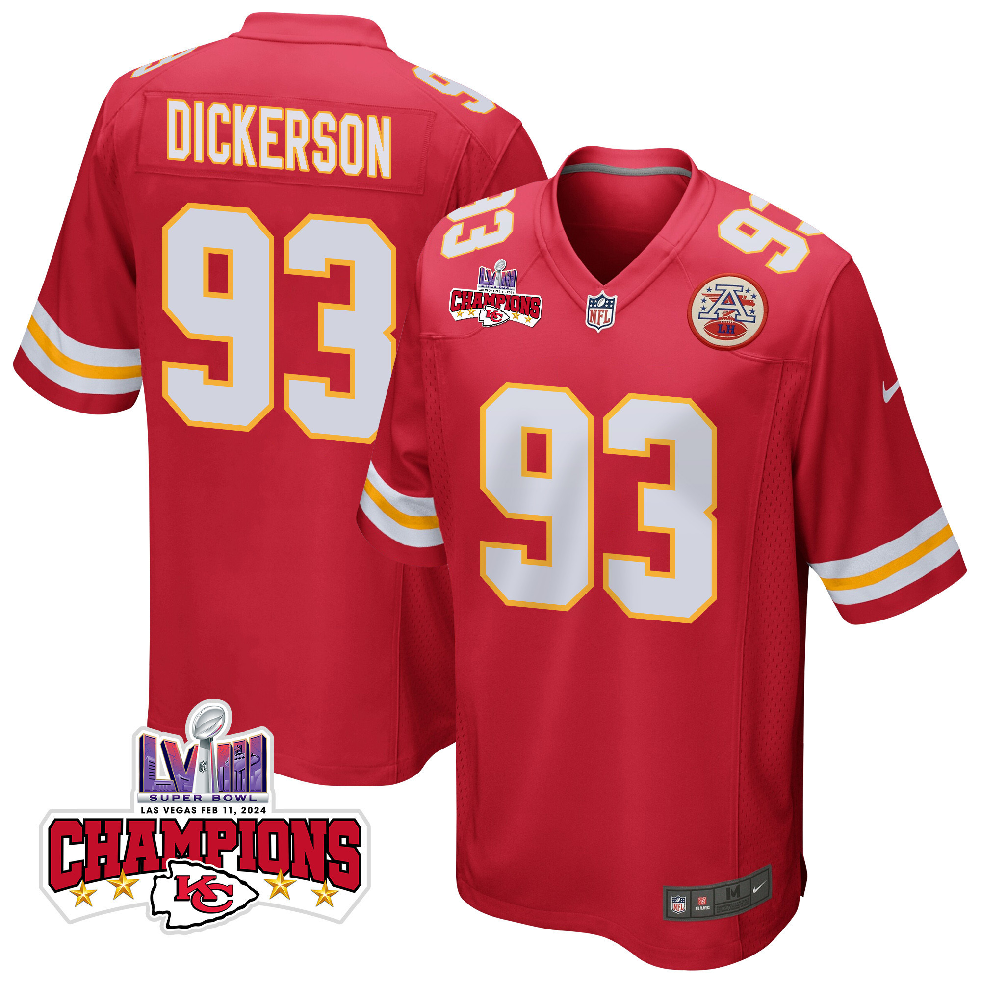 Matt Dickerson 93 Kansas City Chiefs Super Bowl LVIII Champions 4 Stars Patch Game Red NFL Jersey Men's
