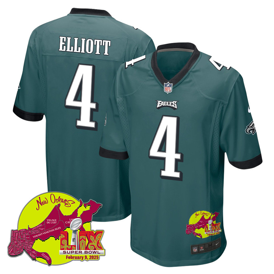 Jake Elliott 4 Philadelphia Eagles Super Bowl LIX New Orleans Patch Game Midnight Green NFL Jersey Men's