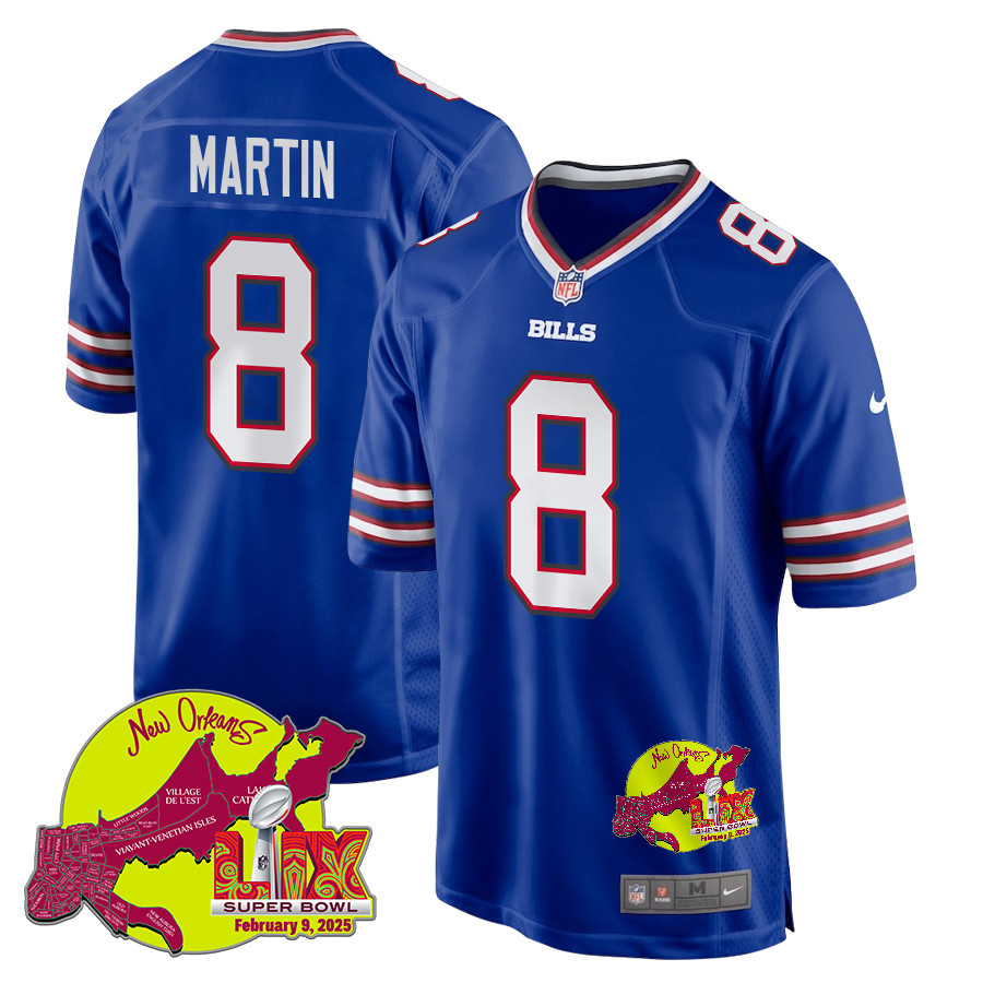 Sam Martin 8 Buffalo Bills Super Bowl LIX New Orleans Patch Game Royal NFL Jersey Men's