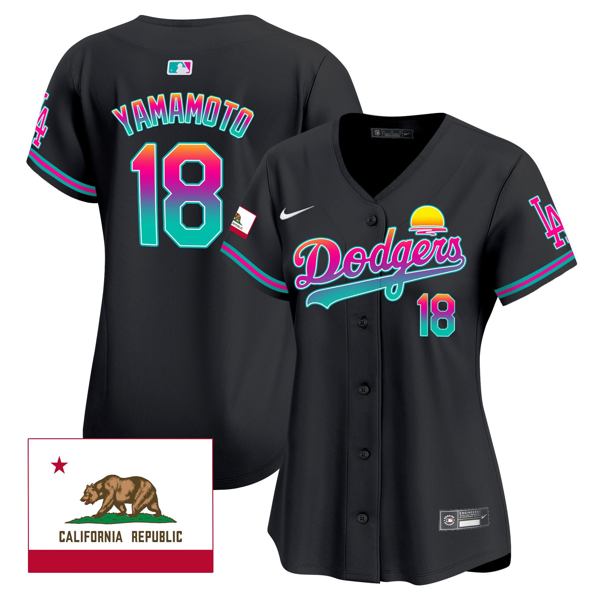 Yoshinobu Yamamoto 18 Los Angeles Dodgers 2024 Los Angeles City Style California Republic Patch Black MLB Jersey Women's