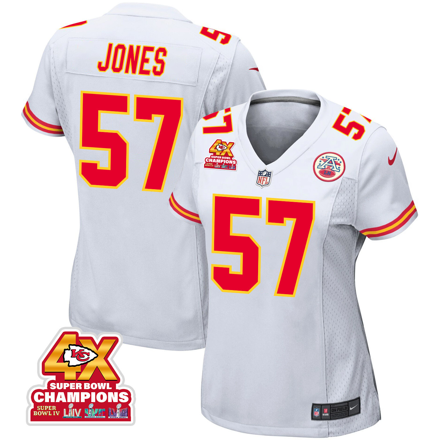 Truman Jones 57 Kansas City Chiefs Super Bowl LVIII Champions 4X Game White NFL Jersey Women's