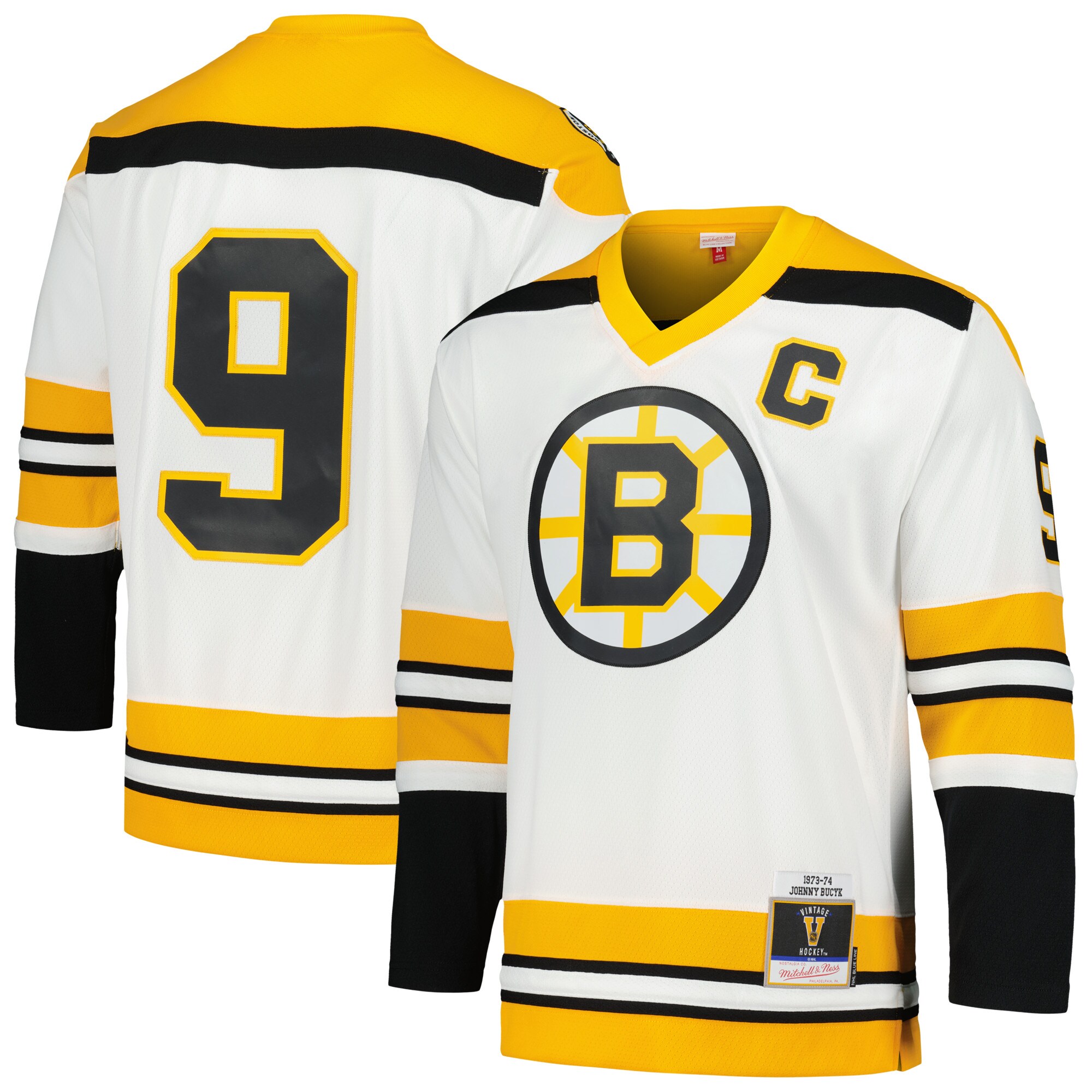 Boston Bruins Johnny Bucyk Mitchell Ness White 1973/74 Blue Line Player NHL Jersey Men's